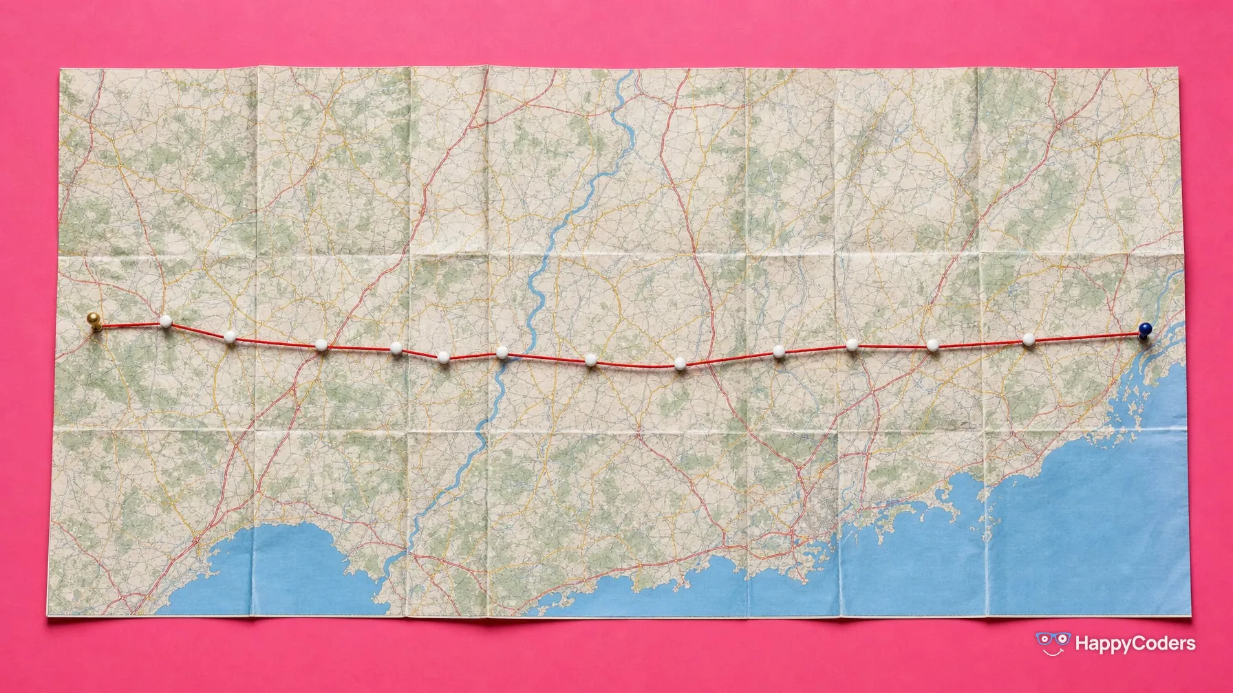 A fully unfolded road map with fold creases on pink – a red thread runs from a brass pin on the left over a row of white pins to a dark blue pin on the coast at the right