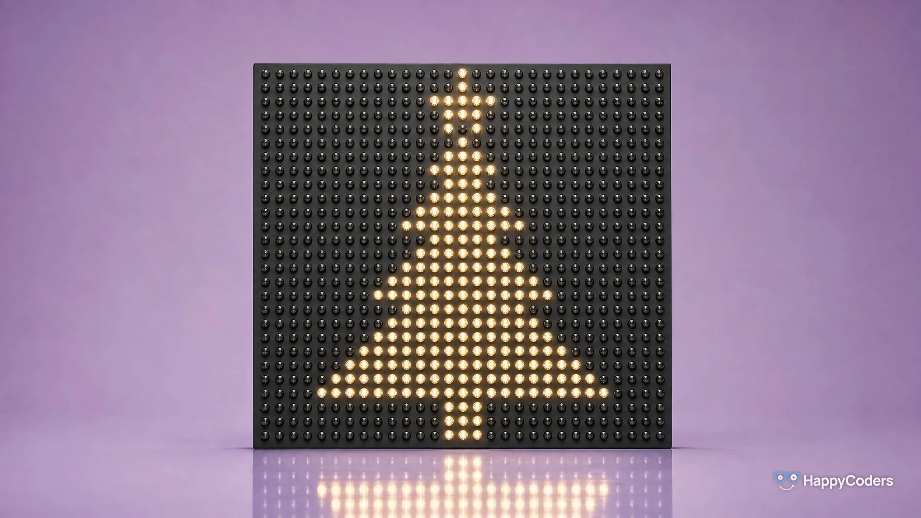 Square panel of dark glass bulbs on pale lilac, with only the bulbs of a fir tree with a star lit in warm white