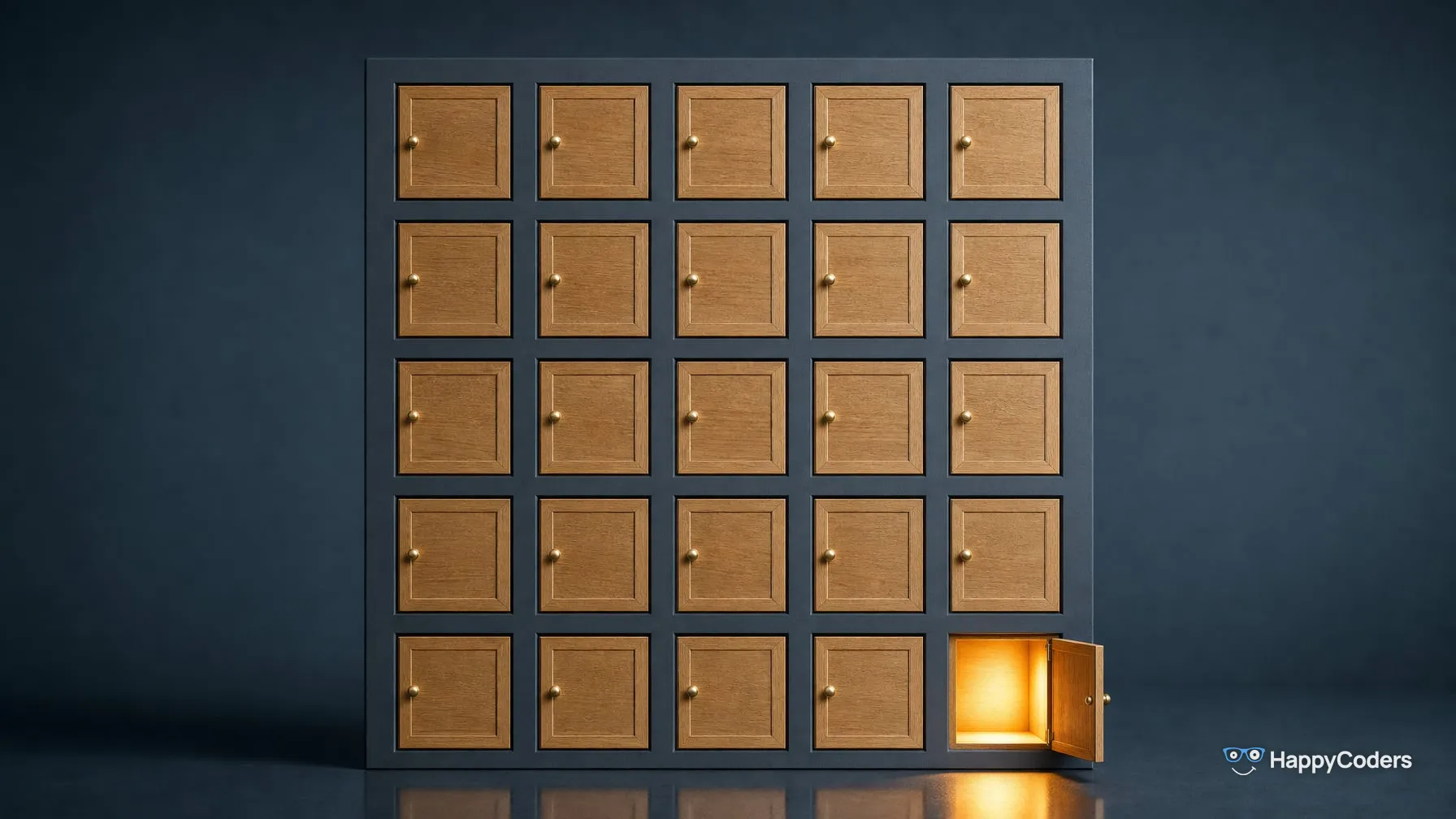Slate-blue wall panel with 25 oak doors in five rows, only the bottom-right door open with warm light spilling from its compartment onto the floor