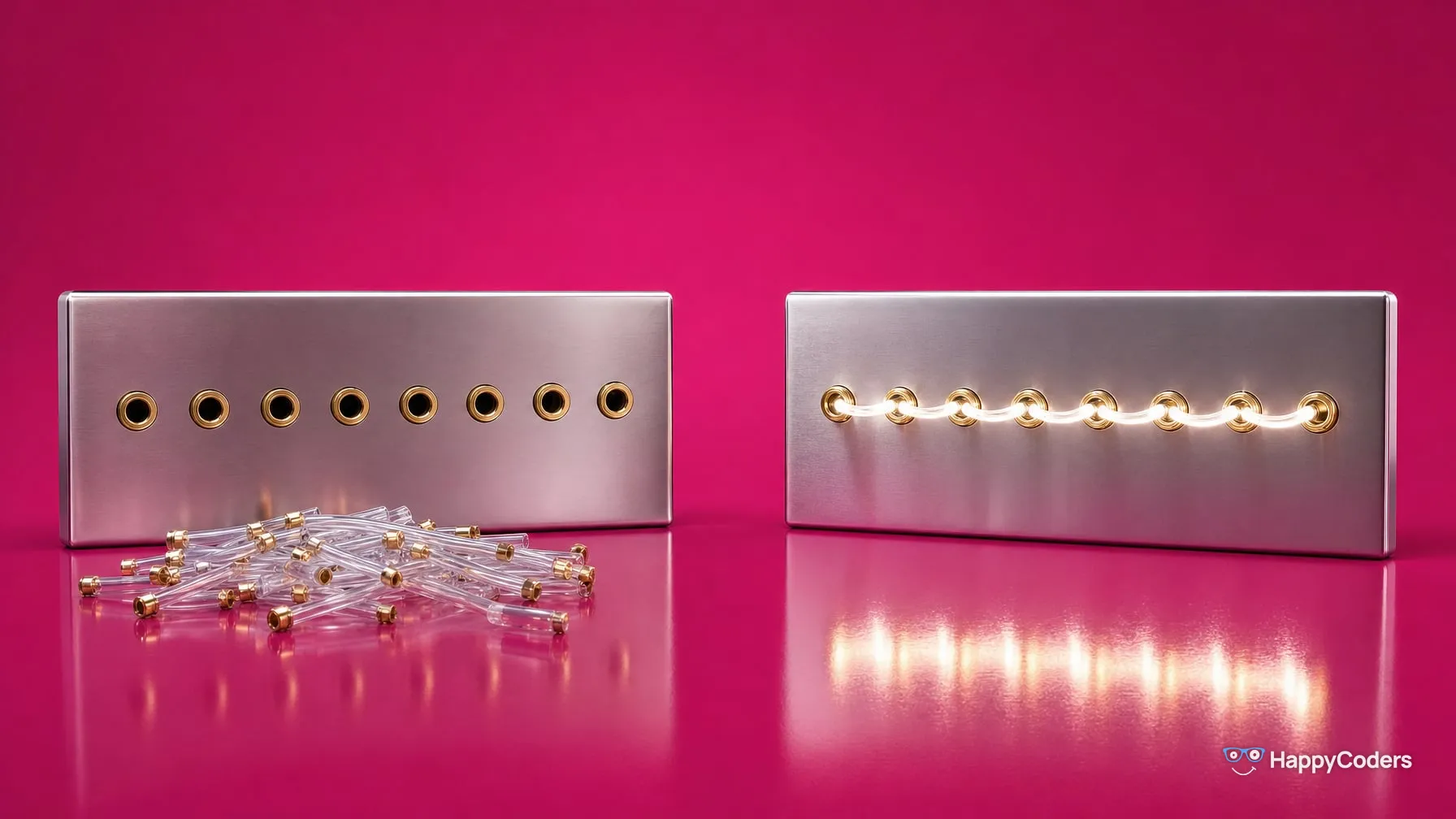 Two steel panels with eight gold sockets each on fuchsia: on the left the sockets are empty and a heap of loose glass fibers lies in front, on the right every socket is already joined to the next by a glowing fiber