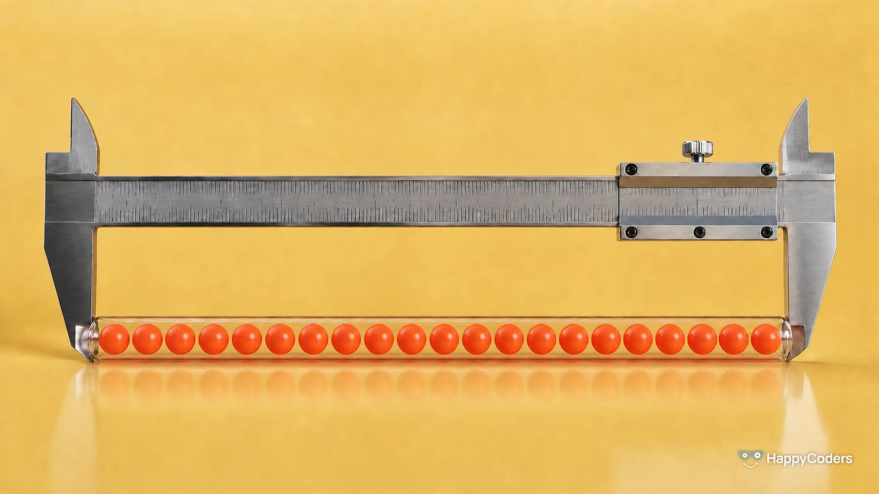 A steel vernier caliper against butter yellow, its jaws resting exactly against the two ends of a horizontal glass tube; inside the tube, a row of equally sized coral-red spheres