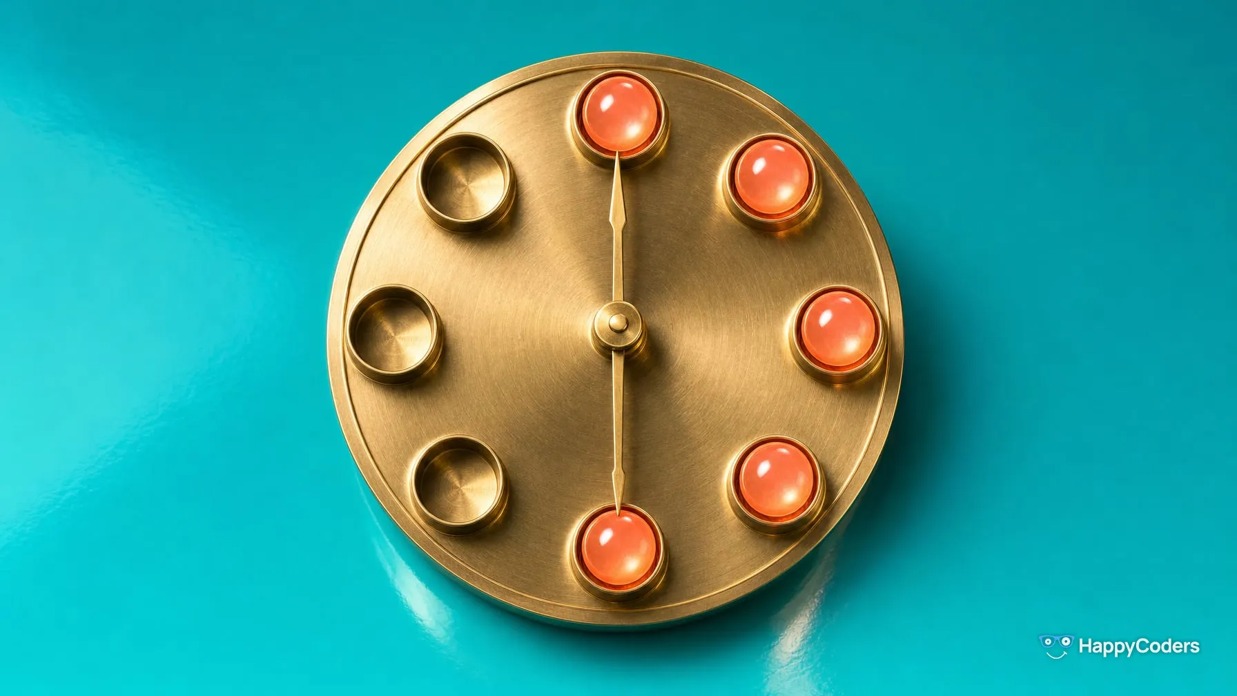 Brass dial with eight cups like a clock face on turquoise, seen from above: the five cups from 12 to 6 o’clock each hold a coral sphere, the three cups on the left are empty; two hands from the hub point at the top and the bottom sphere