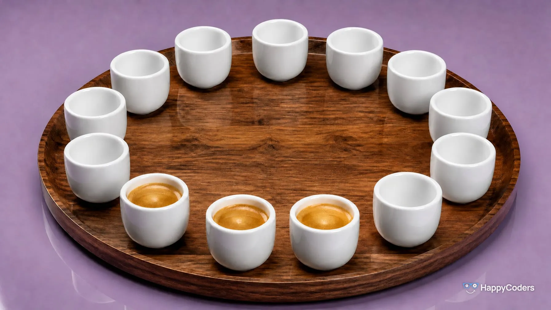 A round walnut tray against lavender; thirteen white espresso cups stand in a circle along its rim, only the three at the front filled with espresso, the others empty and clean