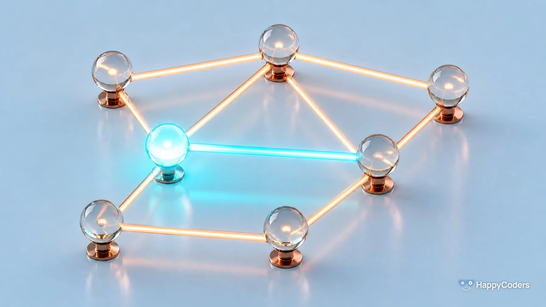 A net of clear glass spheres on copper pins joined by glowing copper rods on light blue – one rod glows cyan along its whole length, and the sphere at its end glows in the same color