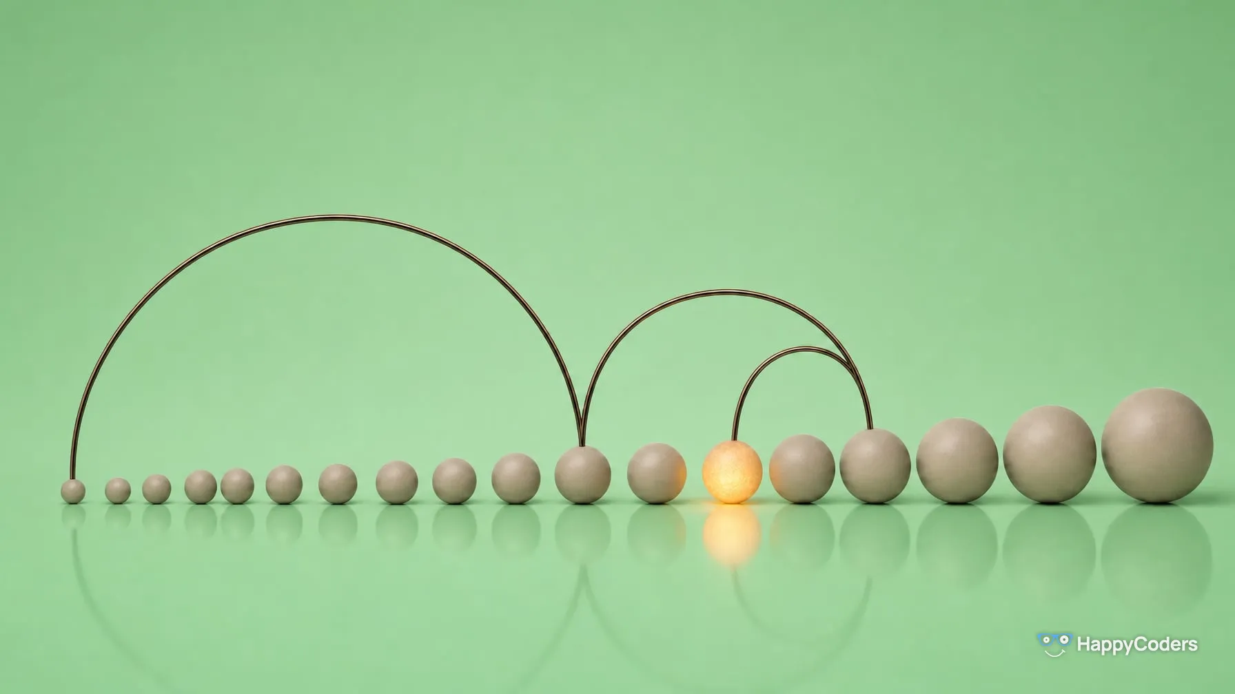 A row of taupe spheres on mint green, growing from left to right; above it, a bronze wire bounces in three arches – to the middle, to the right, back to the left – and ends on one glowing sphere