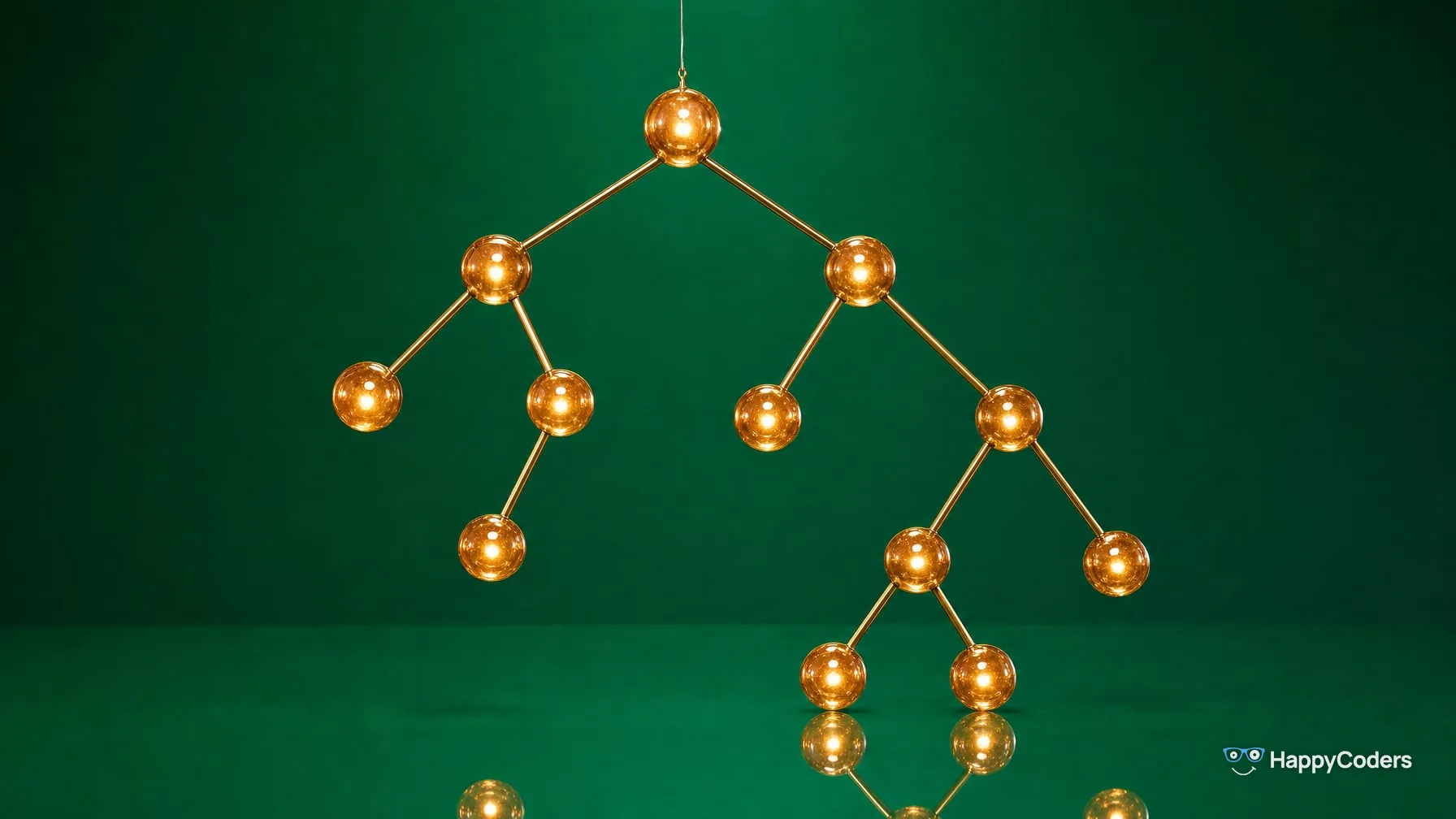 An irregular tree of glowing amber glass spheres on brass rods, hanging from a thin wire against emerald green – each sphere carries at most two spheres, and the right branch reaches deeper than the left