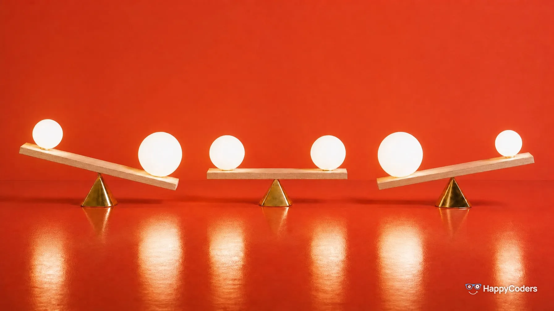 Three seesaws of pale wood on brass cones against coral, each carrying two glowing white spheres: the left one tips to the right toward the larger sphere, the middle one carries two equal spheres and stays level, the right one tips to the left toward the larger sphere