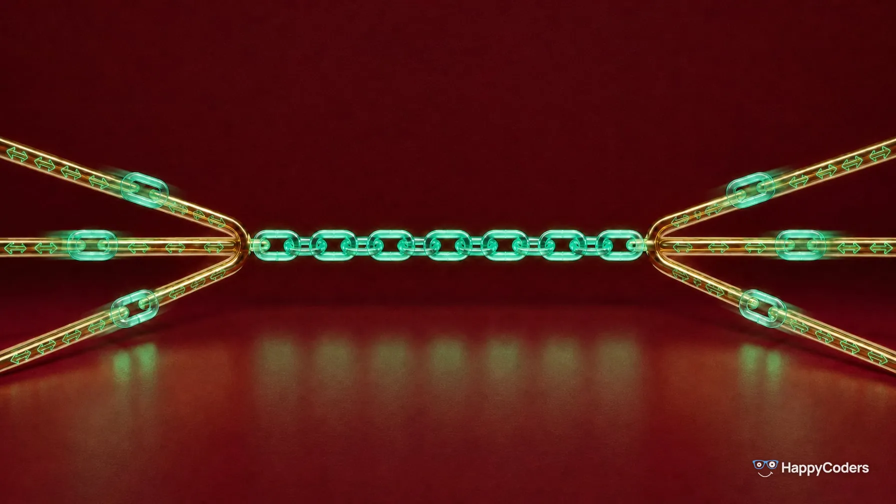 A horizontal chain of seven glowing mint glass links against burgundy; at each end, three brass rails with one link each run towards it, all of them engraved with glowing double-headed arrows