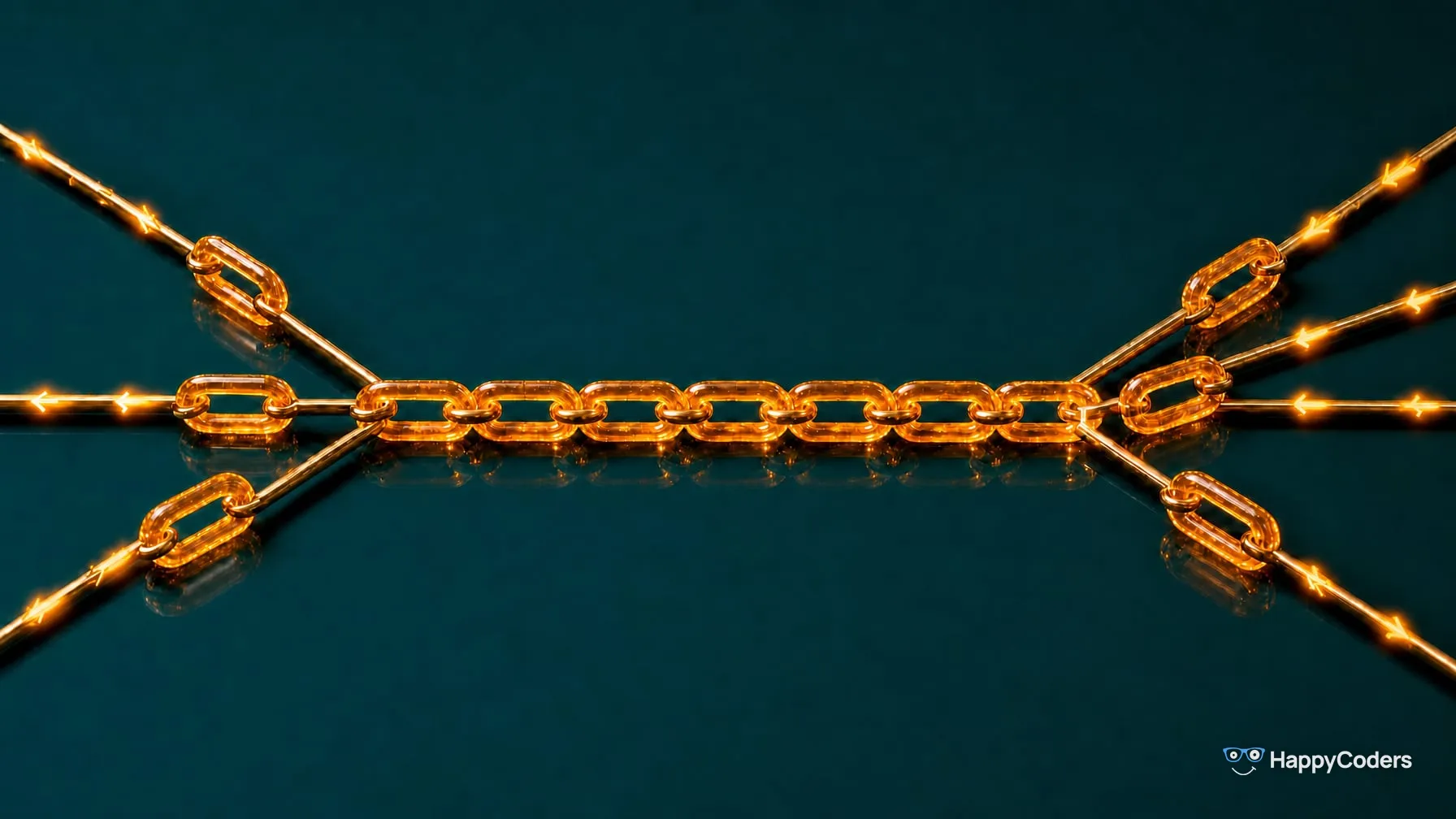 A horizontal chain of glowing amber glass links against deep teal; on the right, four brass rails run towards its end, three of them carrying one link each, on the left three rails with one link each lead away from it; all rails are engraved with glowing arrows pointing left