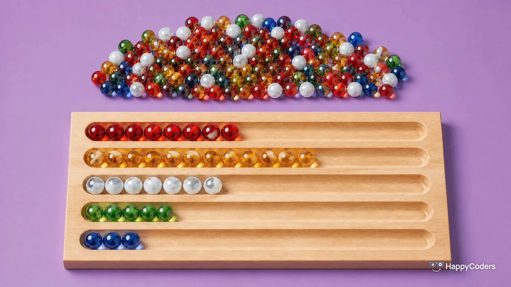 A colorful heap of glass marbles on lavender, below it a light wooden board with five grooves – each holds only one color, red, amber, white, green and blue, in lines of different length