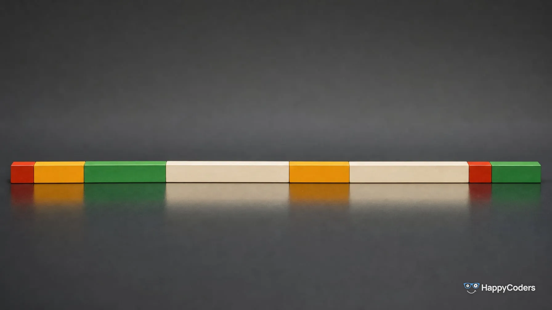 Eight lacquered wooden blocks in vermilion, saffron, green, and ivory lie end to end in one straight row on graphite grey; they are the same height but of different lengths, and reflect in the glossy floor