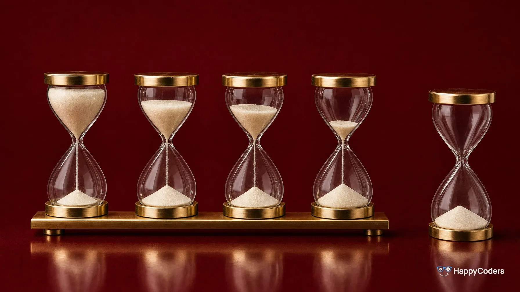 Four hourglasses with brass caps on a brass rail against burgundy, the sand in the upper bulb decreasing from left to right; a fifth hourglass that has run out stands apart on the right