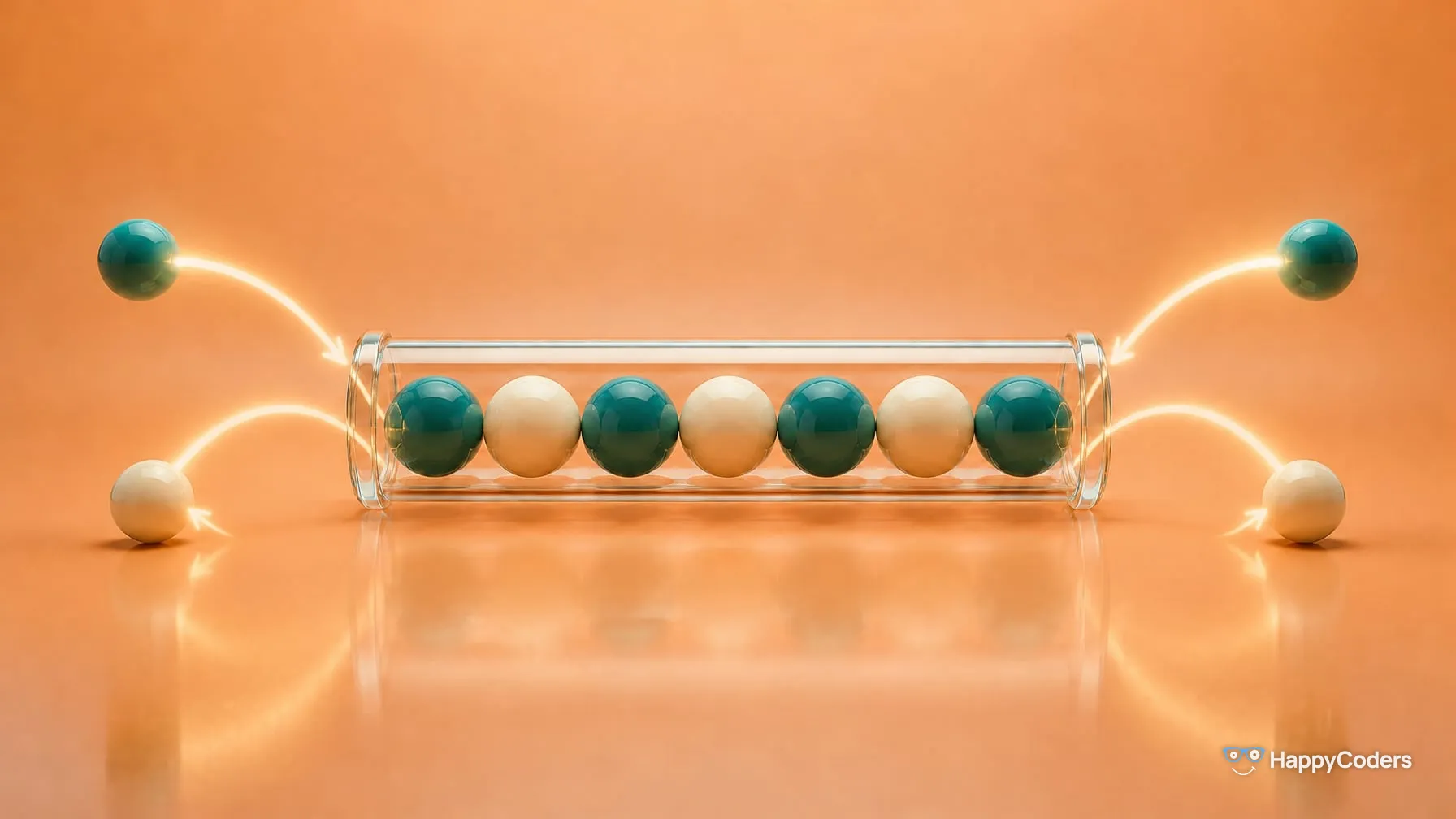 Seven teal and cream spheres in a horizontal glass tube open at both ends against apricot; at each end, one glowing arrow leads a sphere in and another leads a sphere out