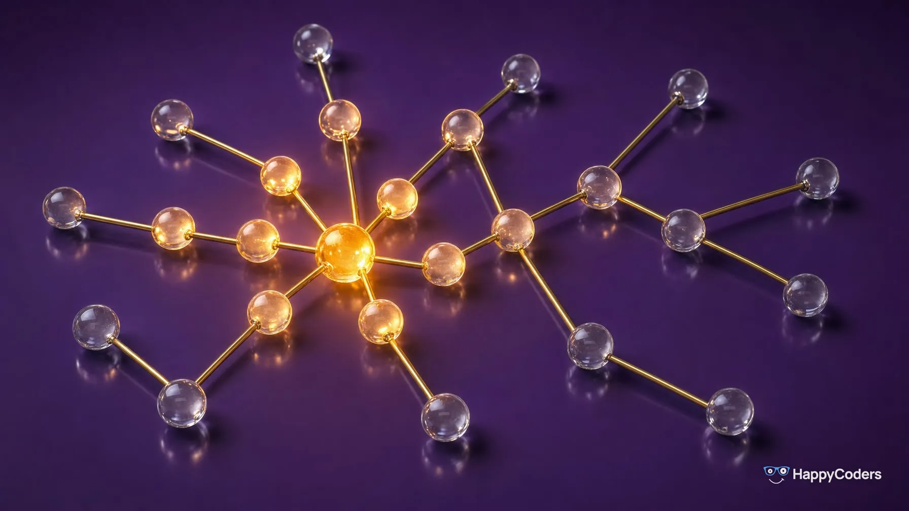 A network of clear glass spheres on violet, joined by brass rods – one sphere glows amber, and the glow fades from sphere to sphere with the distance along the rods