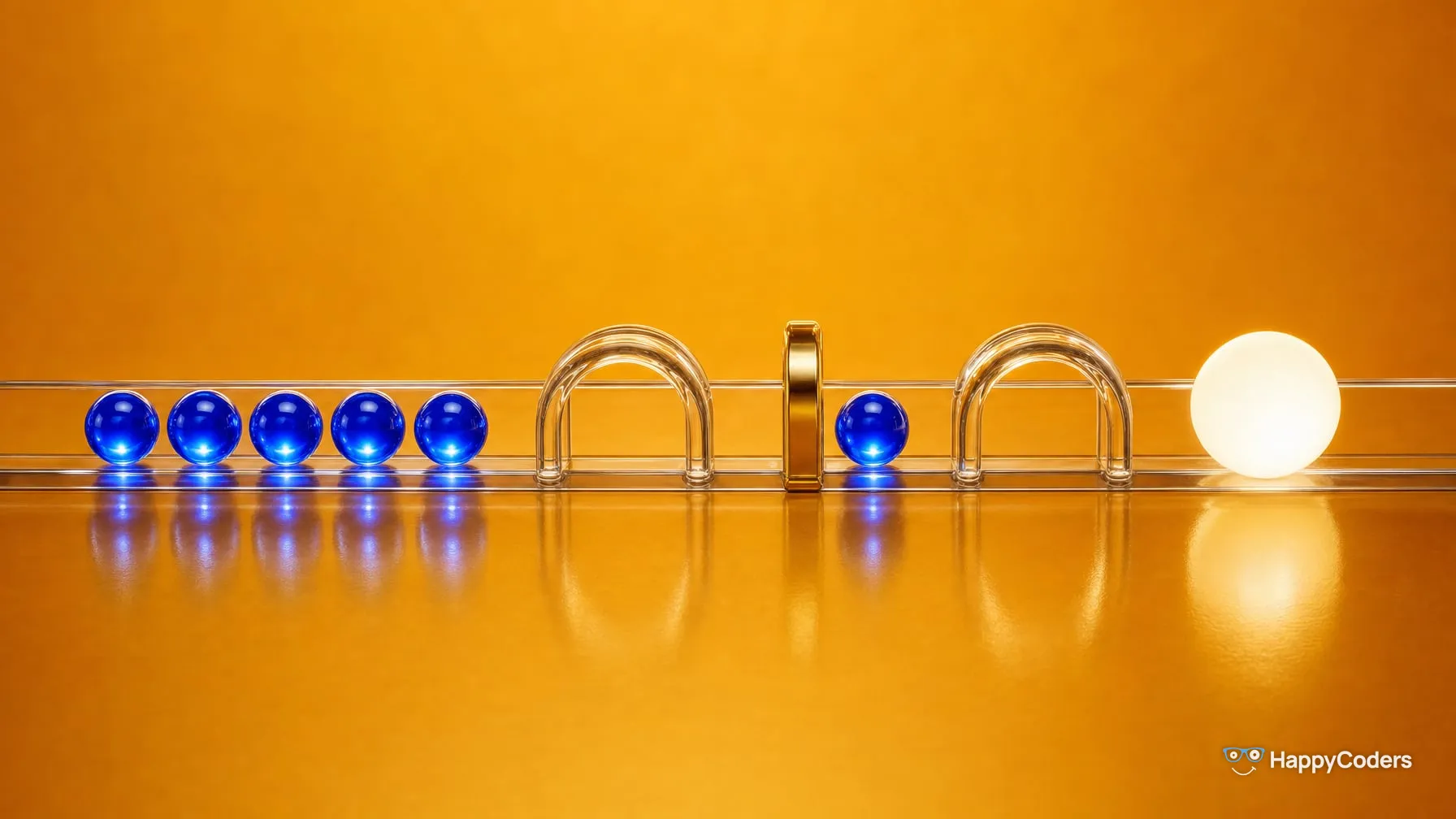 Glass channel against ochre: five blue marbles waiting, then a glass arch, a gold gate with one marble past it, a second glass arch and a glowing white sphere