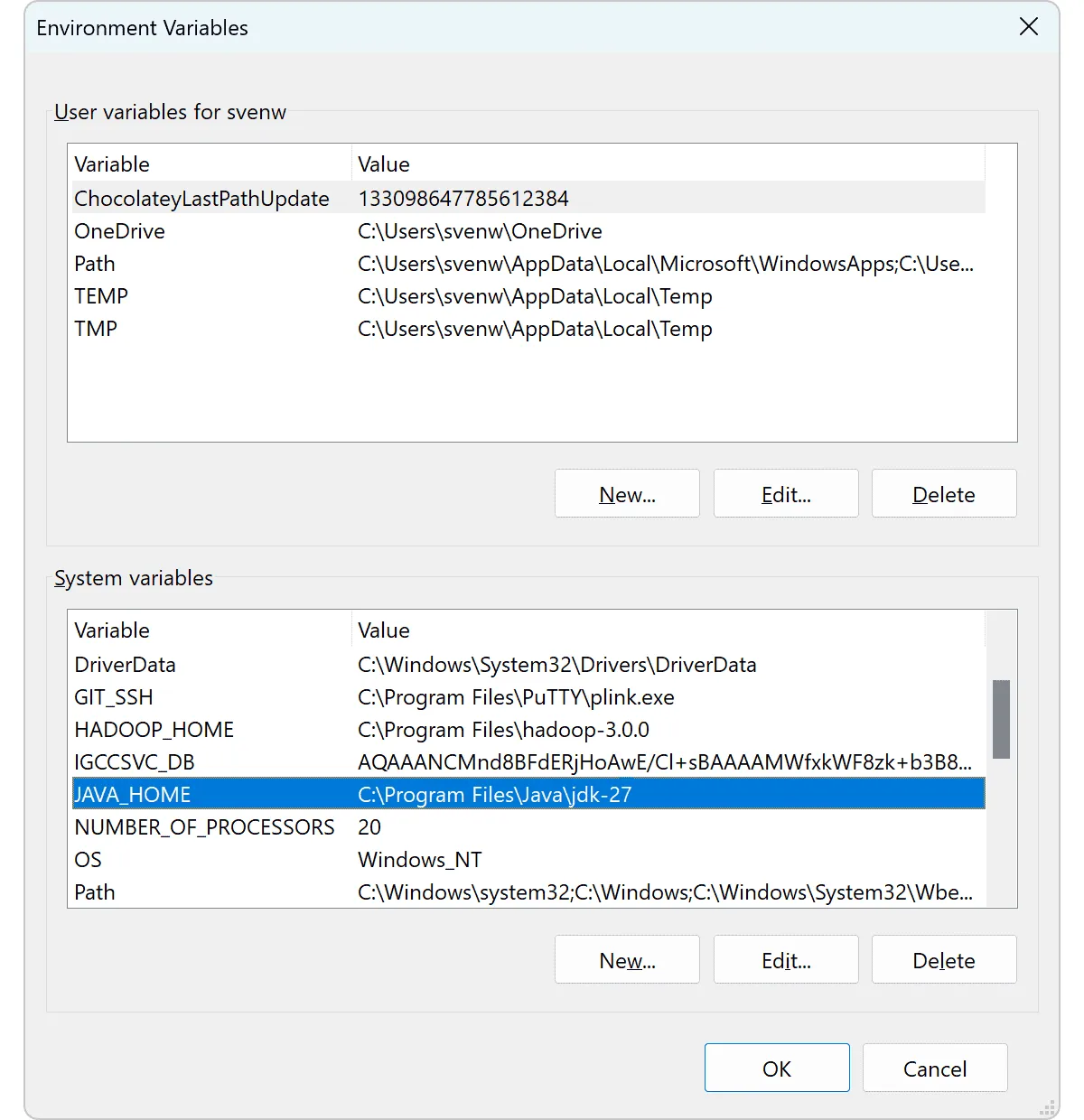 Windows environment variables Java 27