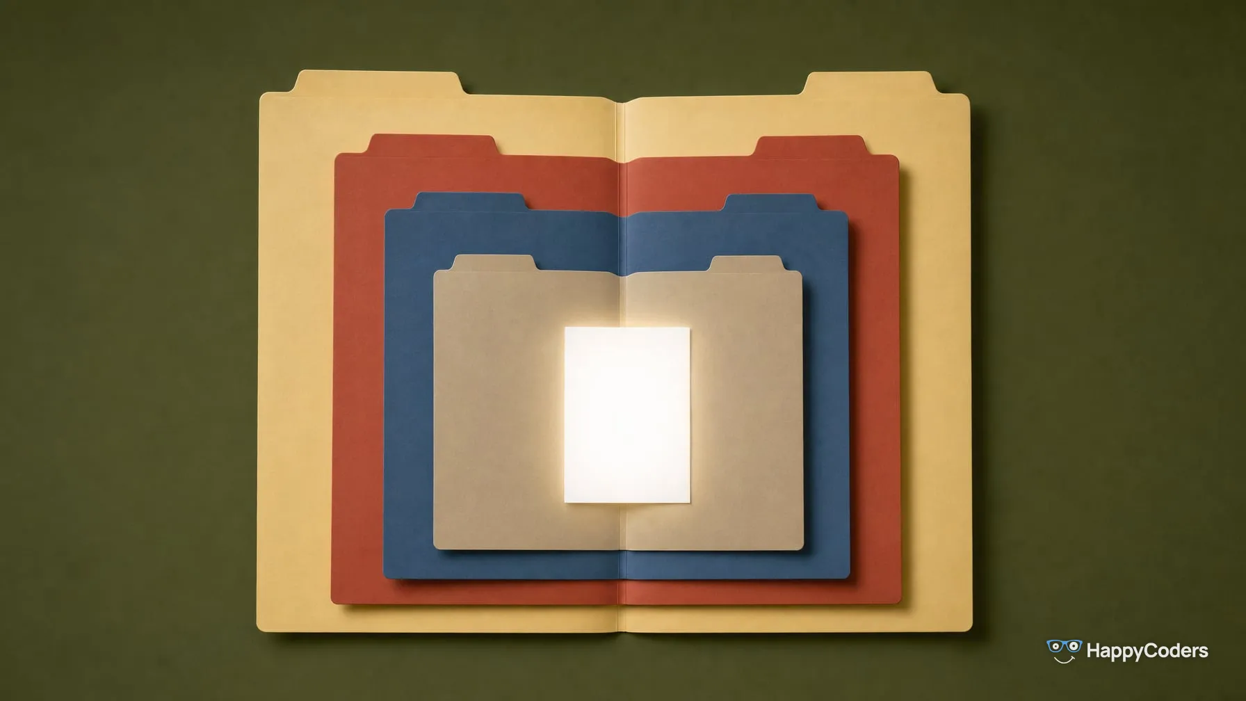 Four open file folders in yellow, red, blue and sand against olive green, seen from above, each lying inside the next larger one; a glowing white sheet lies in the innermost