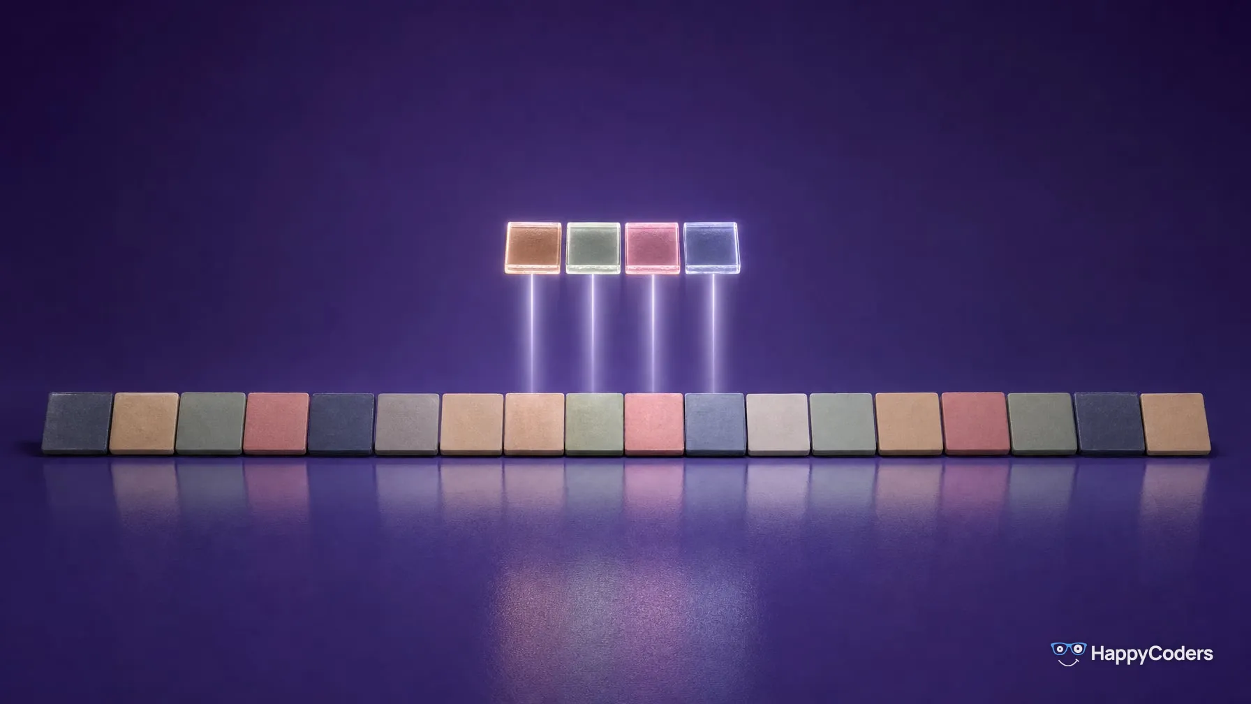 A long row of matte ceramic tiles in muted colors against indigo violet; above four tiles in the middle float glowing glass copies of the same four, each linked to the tile below by a thin beam of light