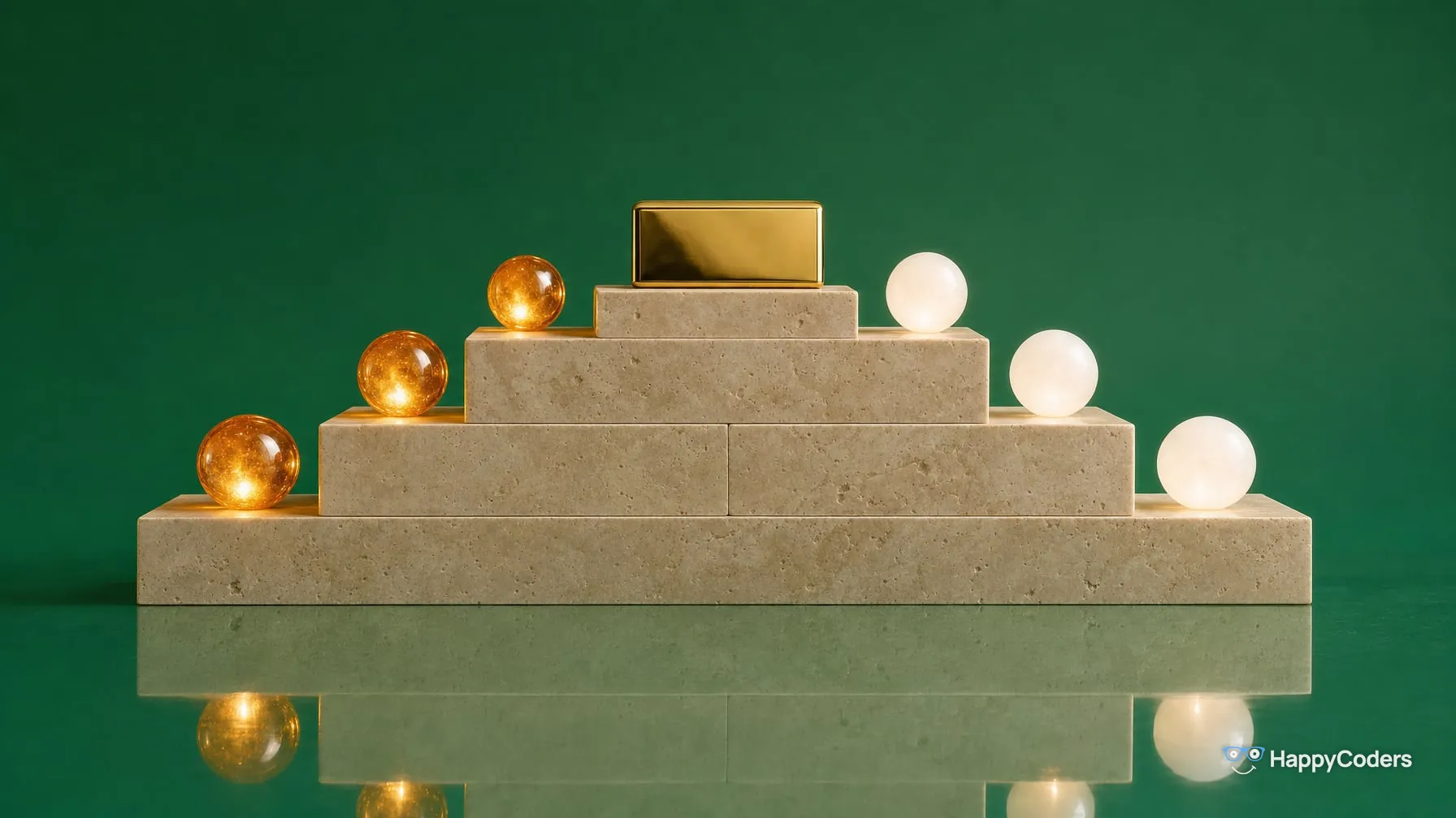 Stepped travertine pyramid on jade green – one glowing amber glass sphere on each of the three steps rising on the left, a gold block on top, one glowing white sphere on each of the three steps descending on the right