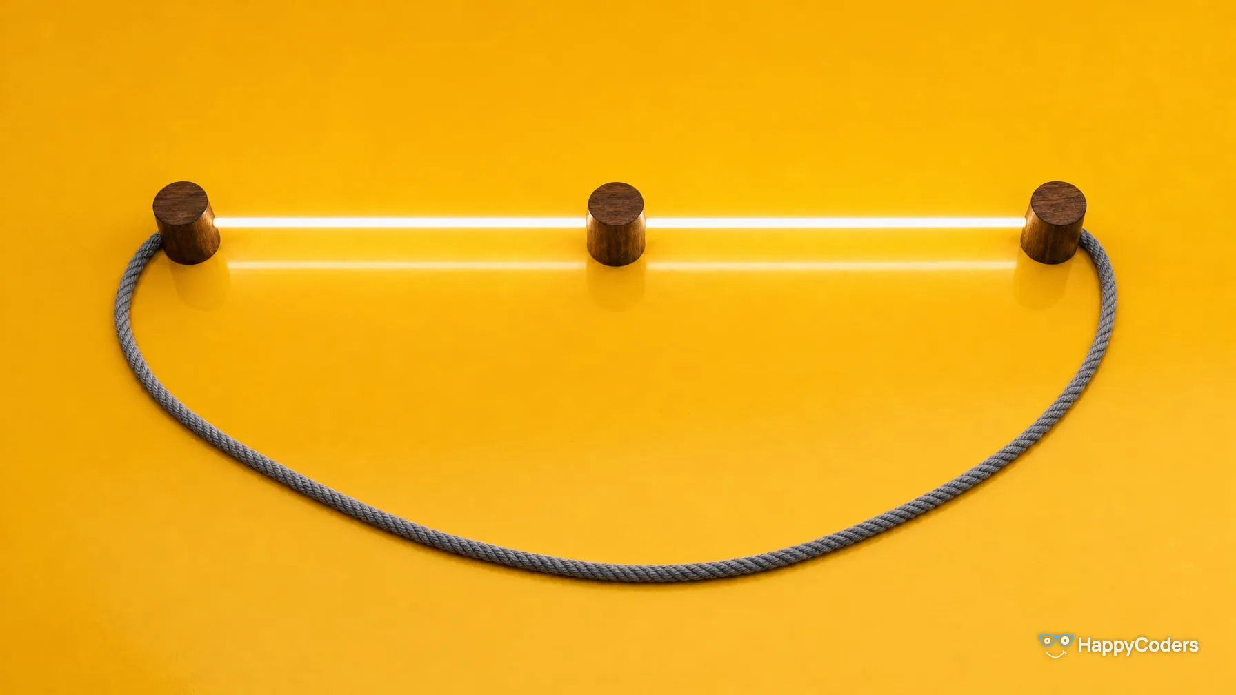Three walnut pegs in a row on saffron yellow, seen from above – a glowing cord runs straight via the middle peg, while a grey rope makes a wide loop downwards between the two outer pegs