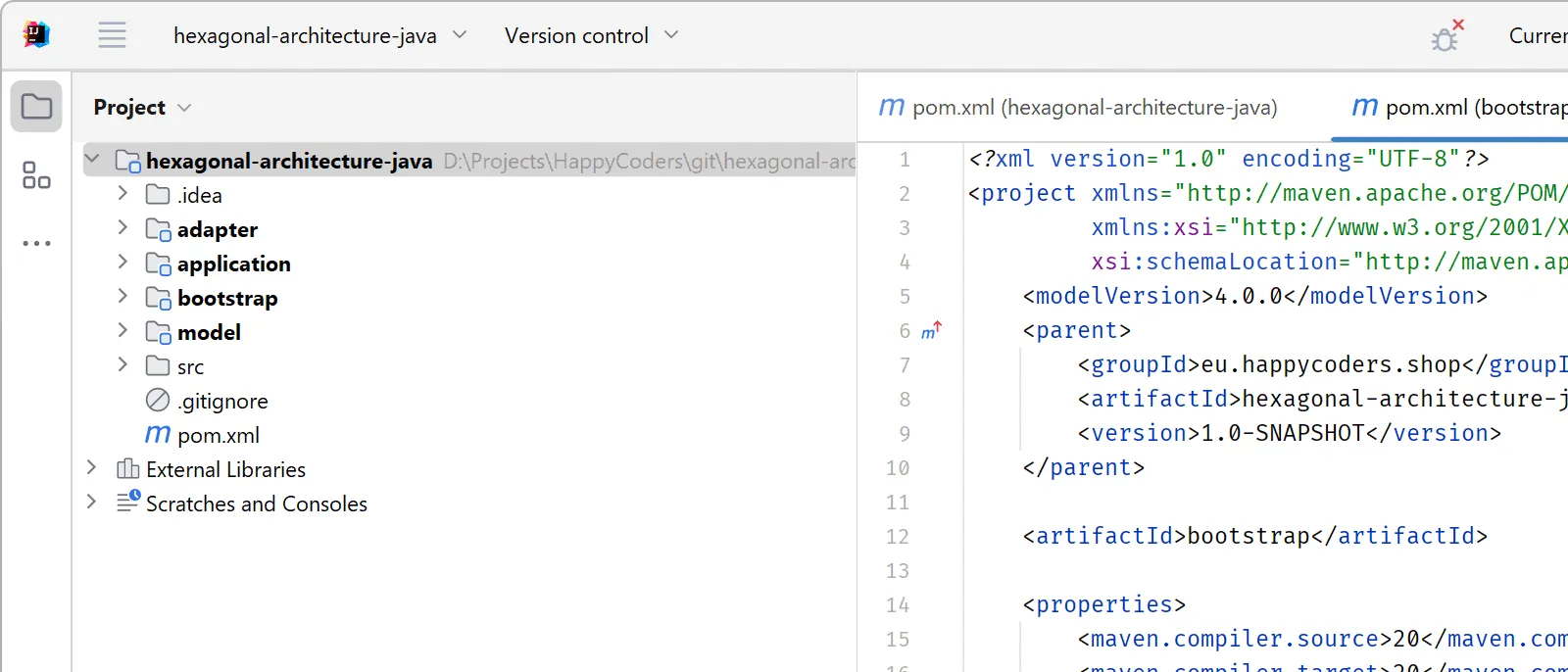 Hexagonal architecture with Java – All four modules are created.