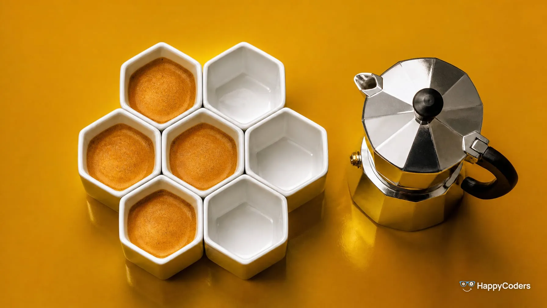 Seven white hexagonal espresso cups grouped into a hexagon on mustard yellow: the middle one and the three on the left are filled with espresso, the three on the right are empty, next to them a steel espresso pot