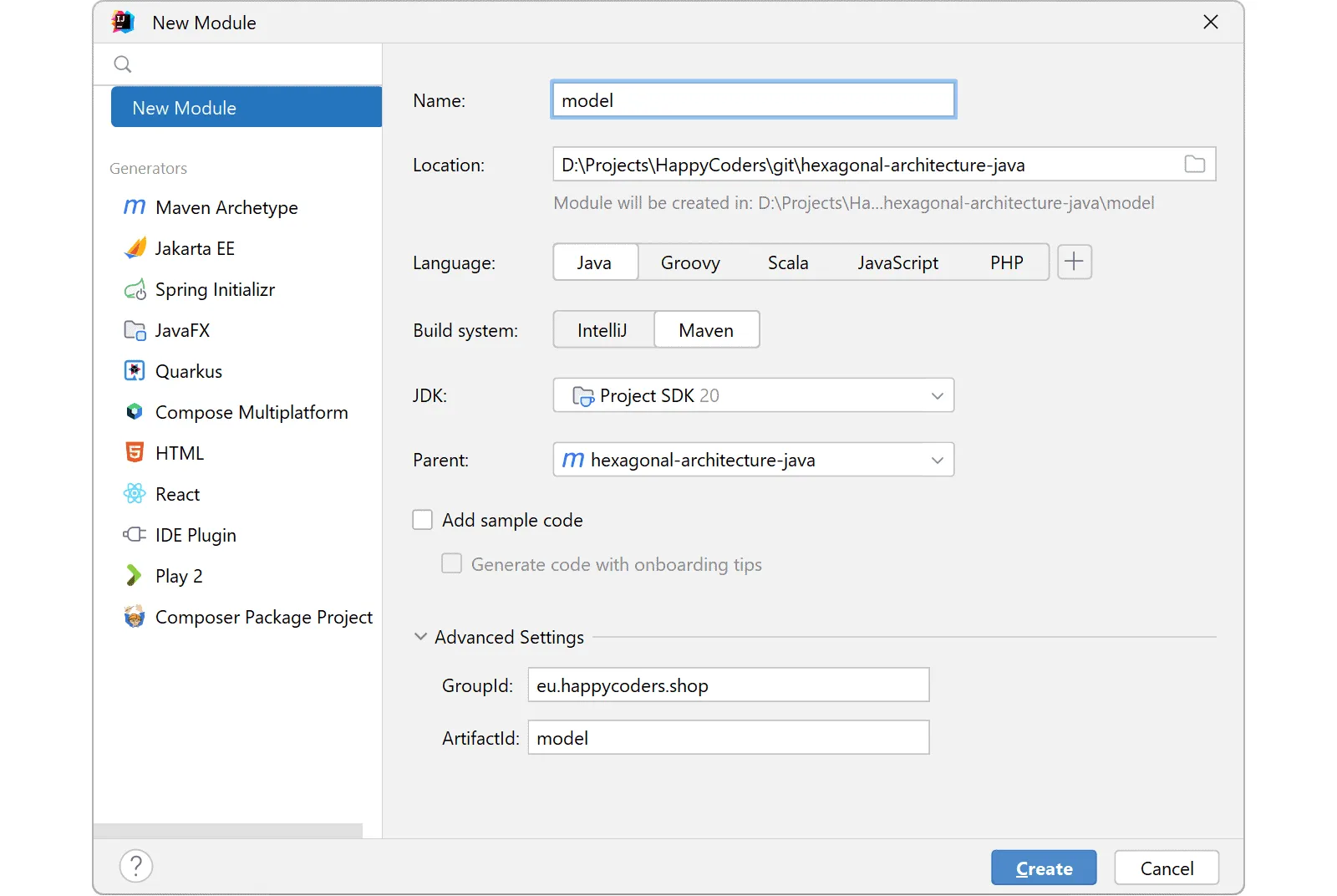 Hexagonal architecture with Java – Creating the “model” module