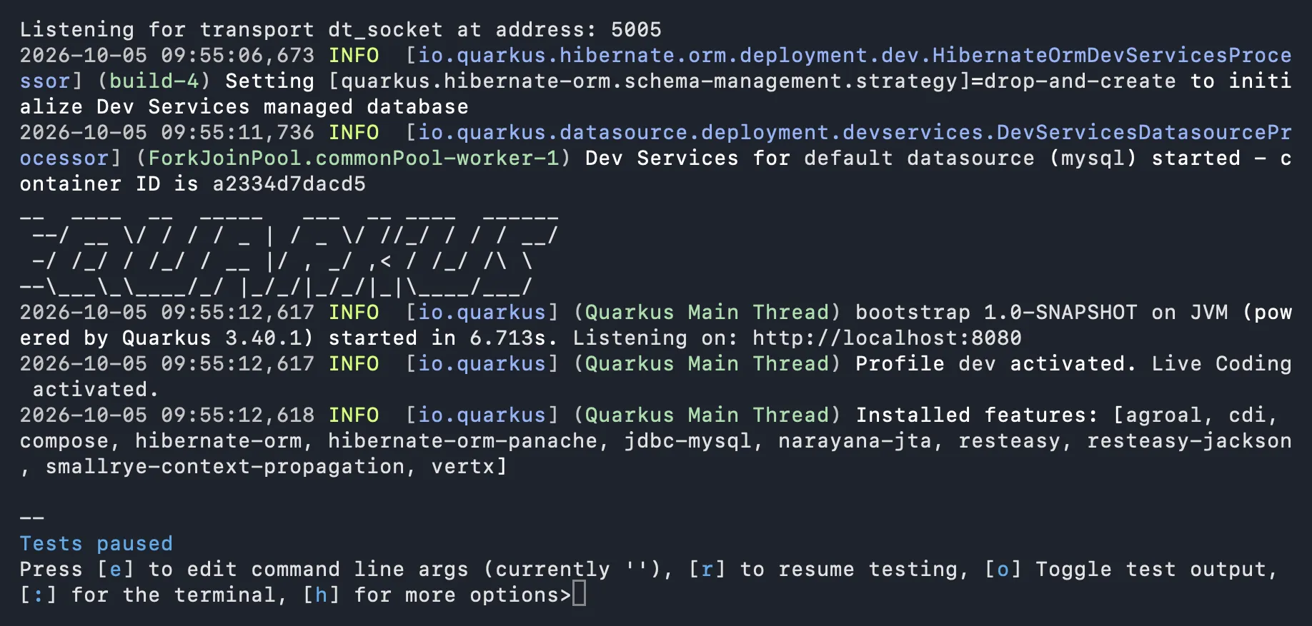 Console output of mvn test-compile quarkus:dev: Quarkus starts in dev mode and listens on port 8080