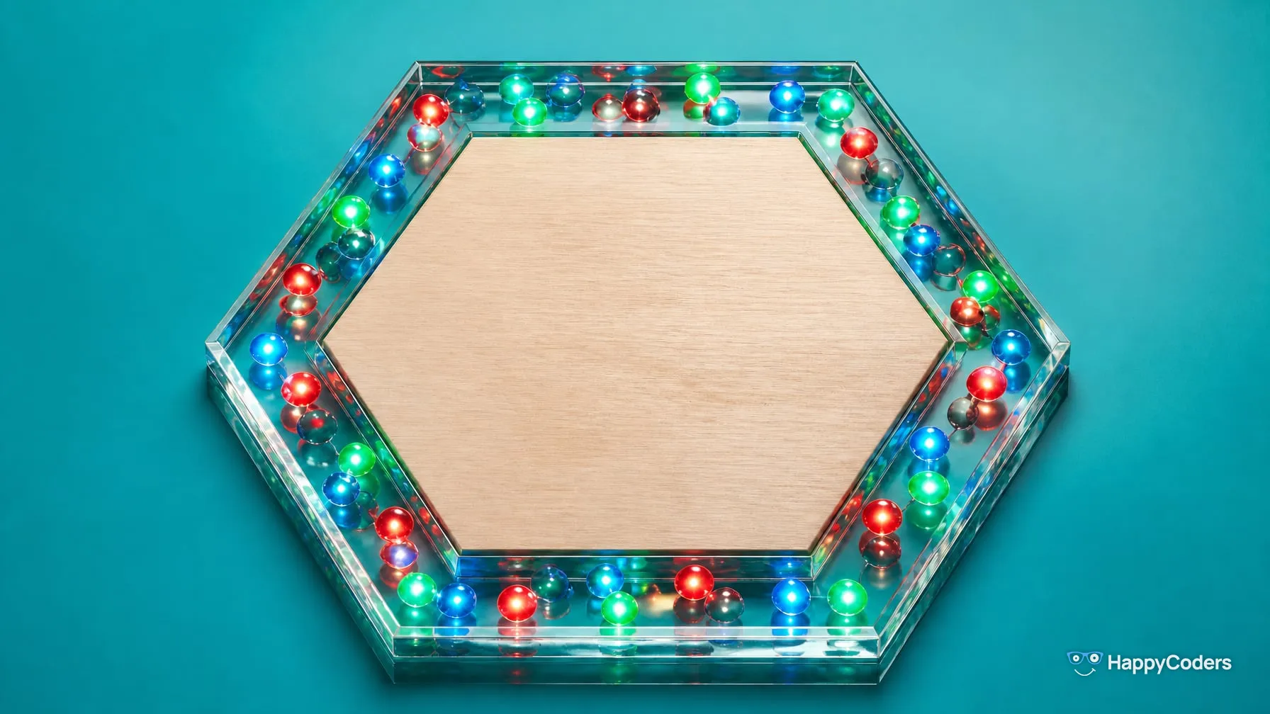 Hexagon of pale wood in a frame of clear glass on turquoise: many small red, green and blue spheres glow in the glass frame, the wood in the middle is bare