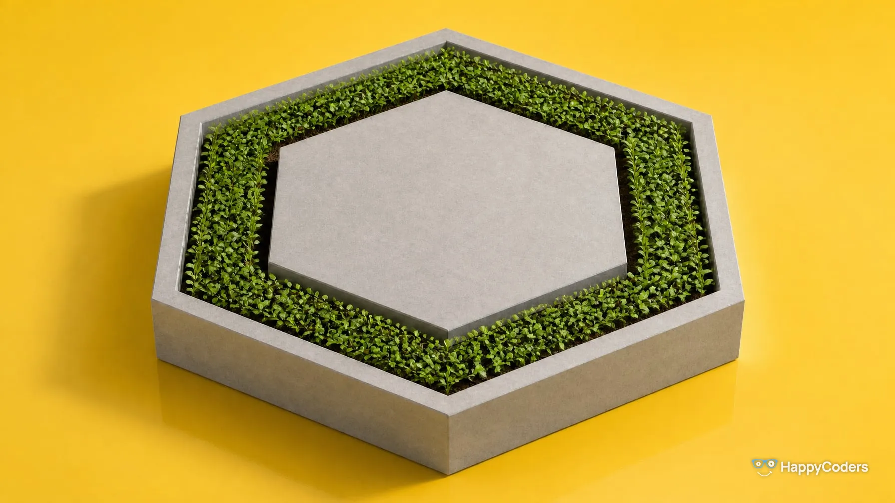 Hexagonal grey stone planter on yellow: a bare stone block in the middle, around it a ring of fresh green seedlings