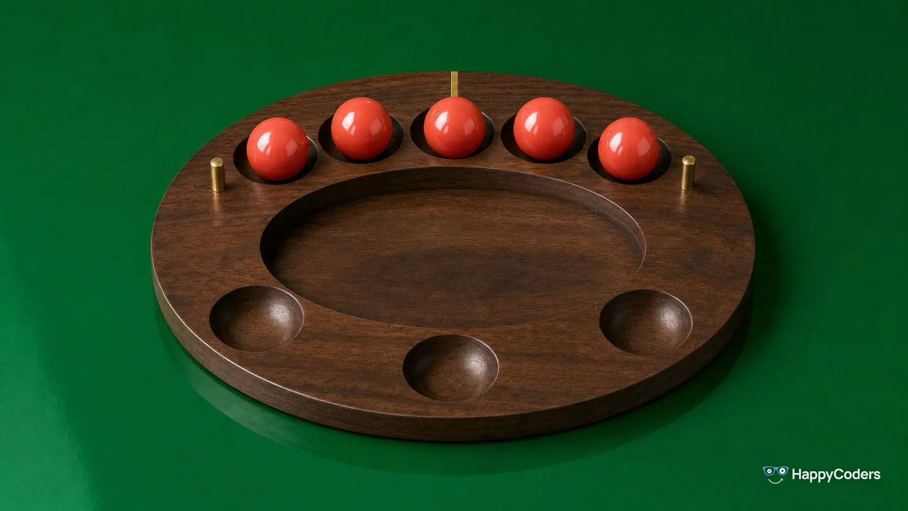 Round walnut tray with eight recesses in a ring, five red spheres in a row across a brass seam, two brass pins at the ends