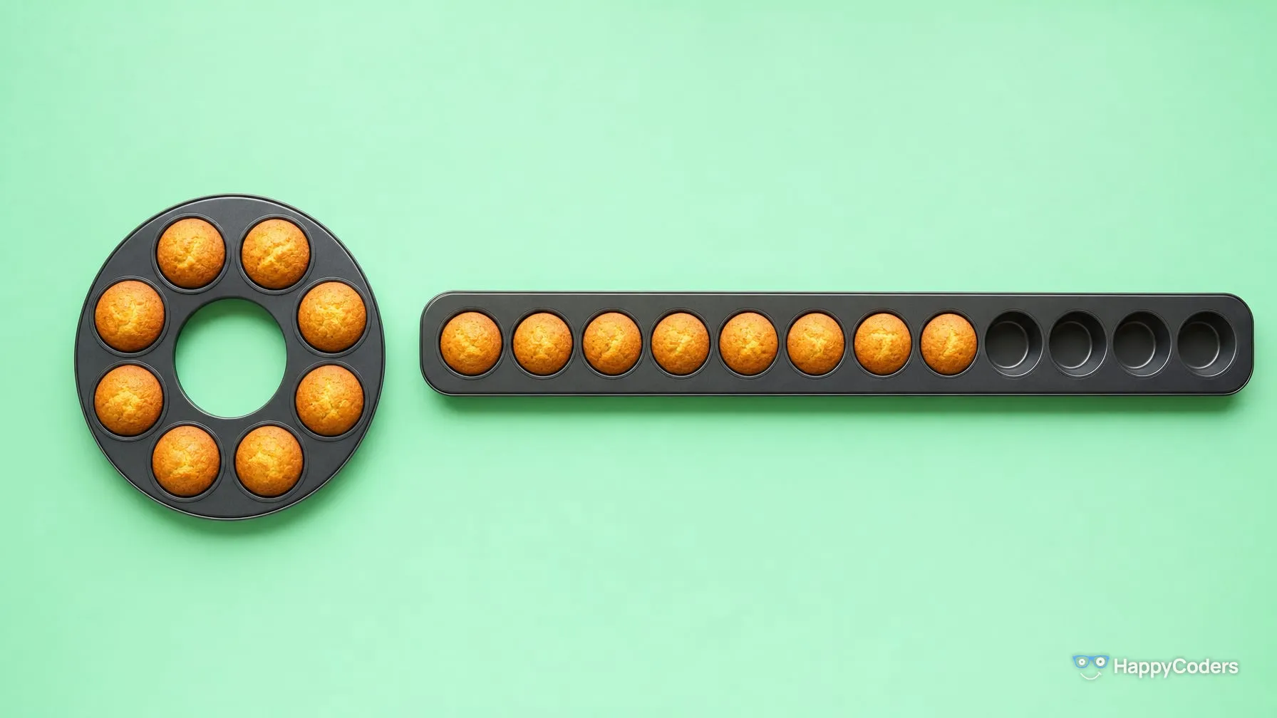 From above: on the left a round muffin tin with eight golden-brown muffins in a ring, on the right a long tin with twelve cups holding the same eight muffins in a row from the left, four cups left empty – on mint green