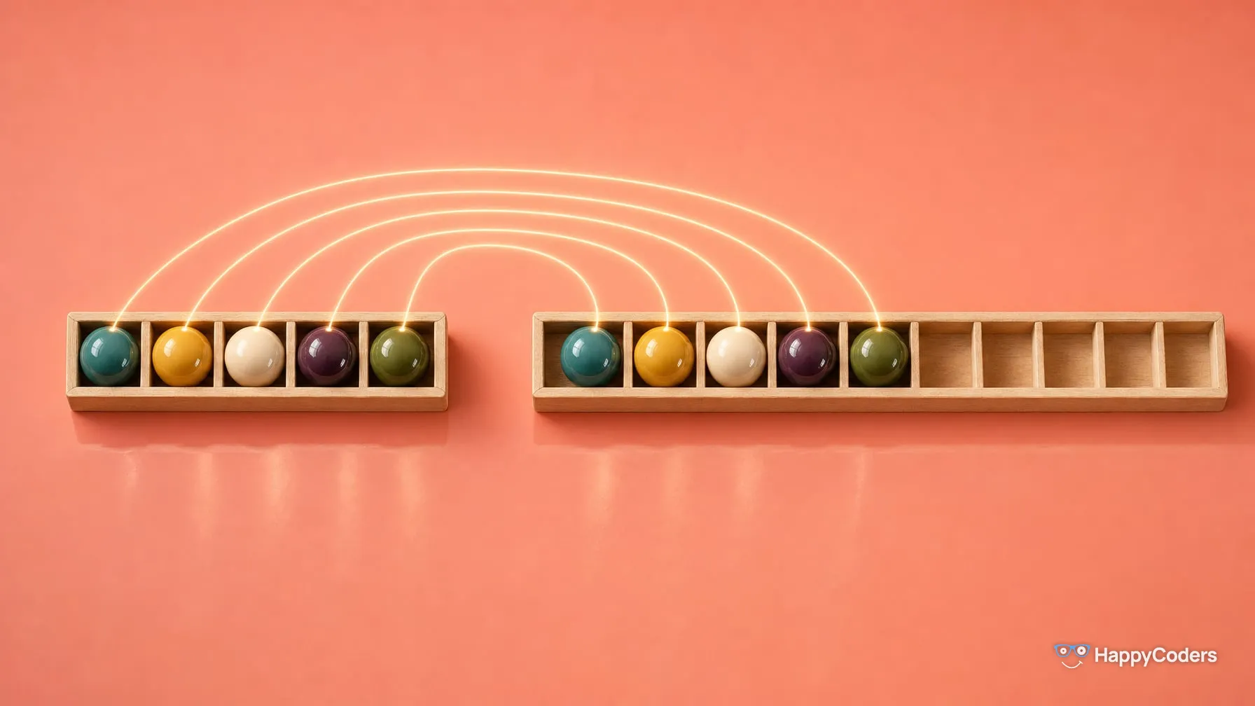 Five glazed ceramic spheres in a wooden tray with five compartments against salmon pink; arcs of light carry each sphere into a tray twice as long with ten compartments, its right half left empty