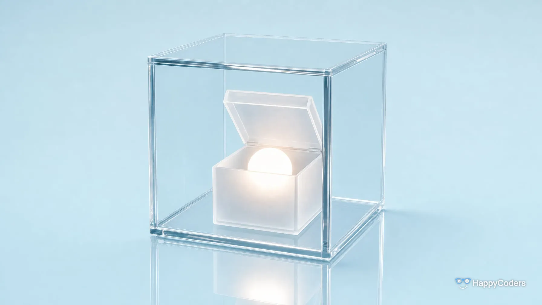 Closed glass case against pale ice blue, holding a small frosted box with its lid open and a glowing white sphere inside