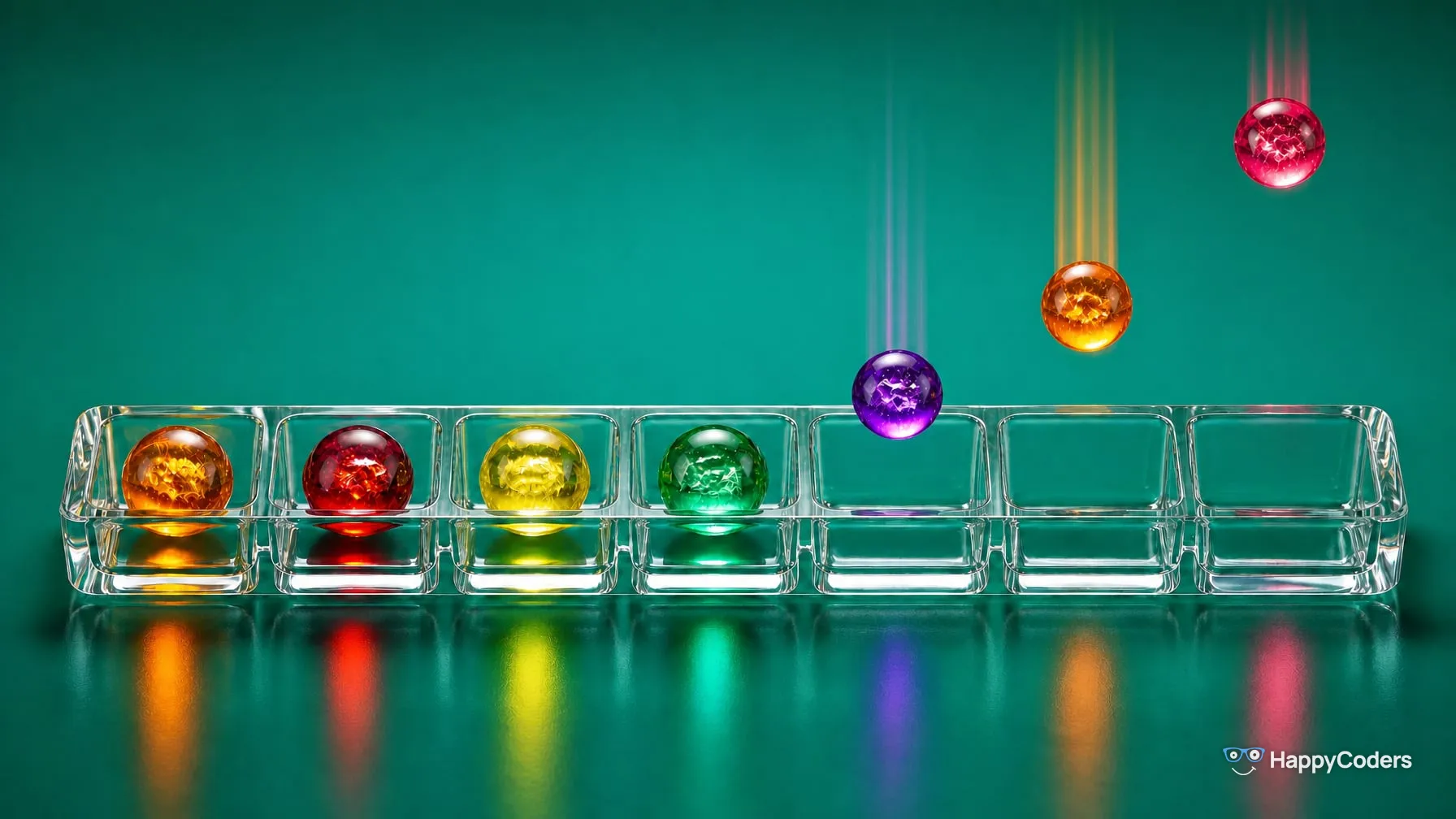 A long glass tray with a row of compartments against sea green; the left four each hold a glowing marble in amber, red, yellow and green, while above the three empty compartments on the right a violet, an orange and a rose marble drop in, the left one just above the rim