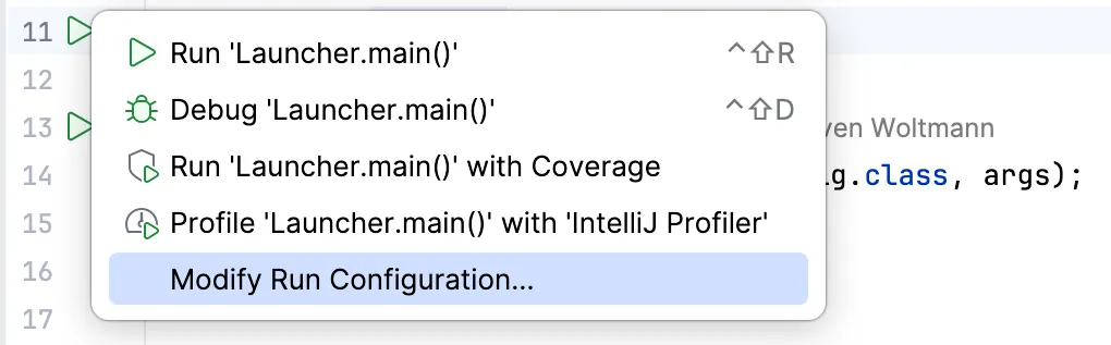 IntelliJ context menu with the “Modify Run Configuration…” entry selected