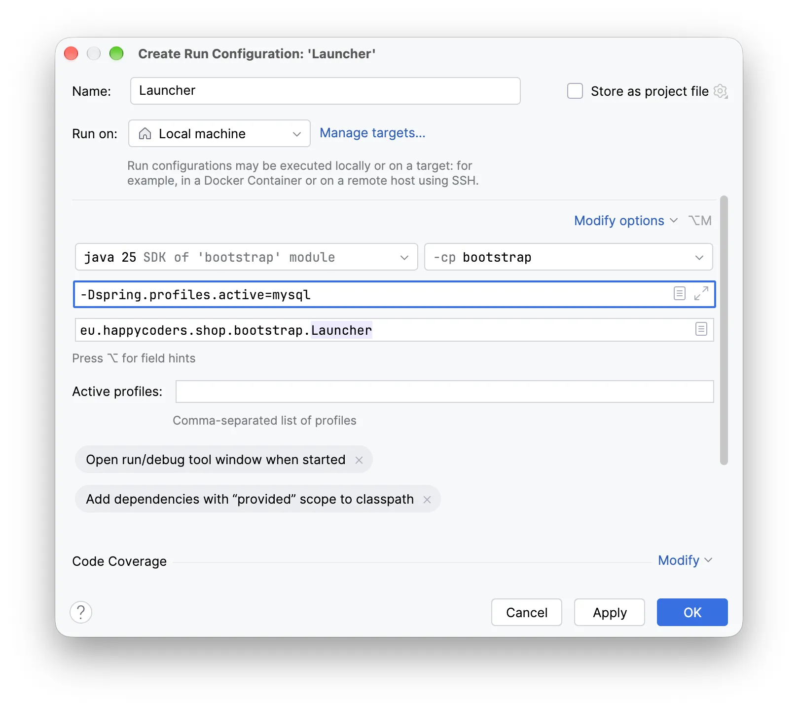 IntelliJ “Create Run Configuration” dialog with the VM option -Dspring.profiles.active=mysql