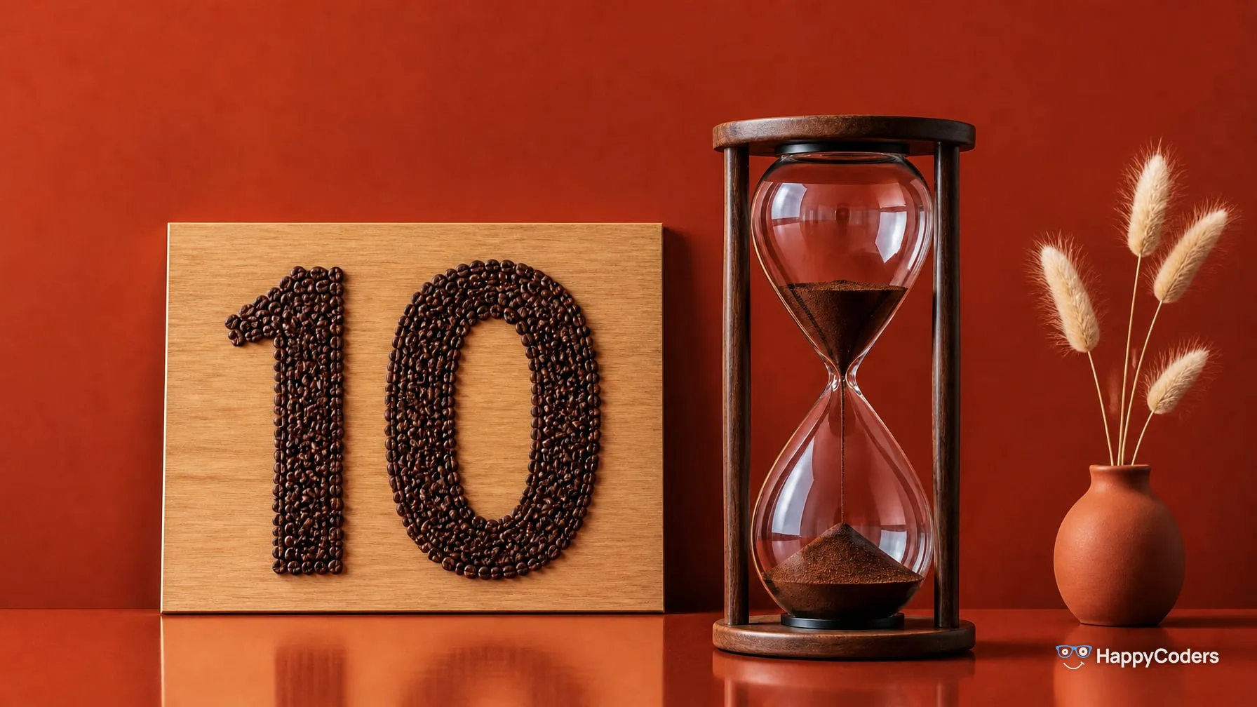 A 10 laid out of roasted coffee beans on a light oak board in front of a terracotta wall, next to it an hourglass with ground coffee running down and dried bunny-tail grass in a terracotta vase