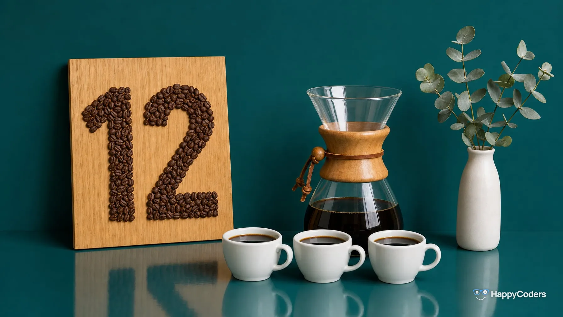 A 12 laid out of roasted coffee beans on a light oak board in front of a teal wall, next to it a glass pour-over carafe with a wooden collar full of coffee and three filled espresso cups in front of it, eucalyptus sprigs in a white vase on the right