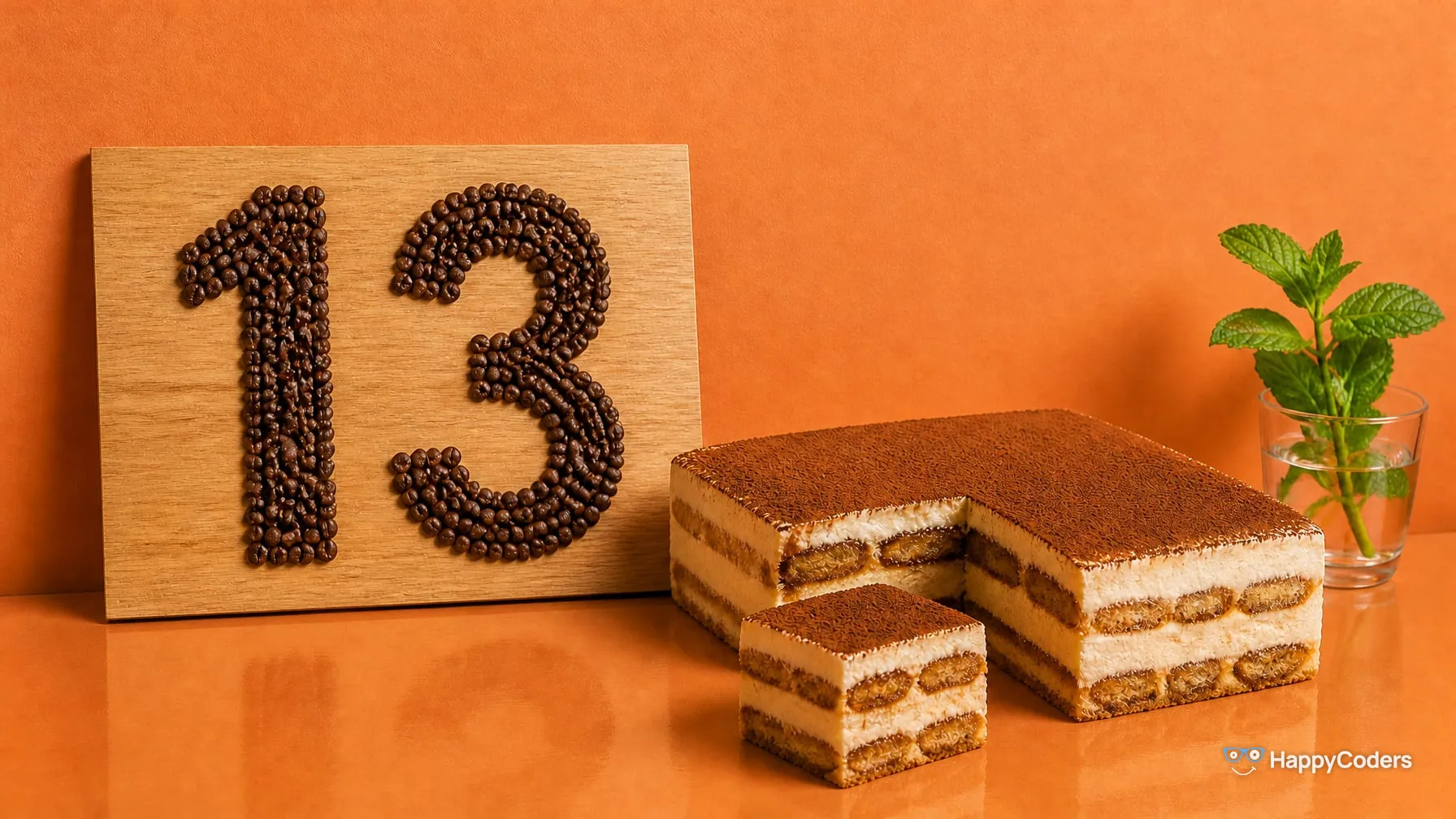 A 13 laid out of roasted coffee beans on a light oak board in front of an apricot wall, in front of it a tiramisu with one slice pulled out, next to it a sprig of mint in a glass of water