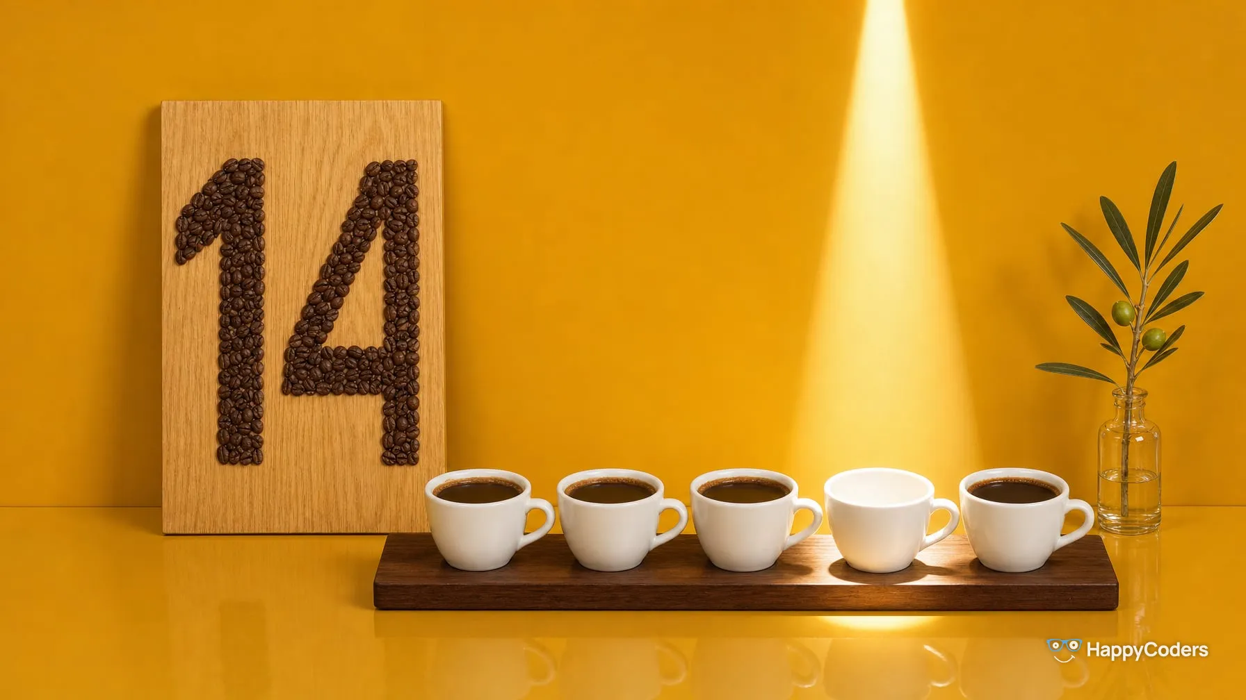 A 14 laid out of roasted coffee beans on a light oak board in front of an ochre-yellow wall, in front of it five white espresso cups in a row on a walnut tray, four full and the fourth empty in a cone of light, an olive sprig in a glass bottle on the right