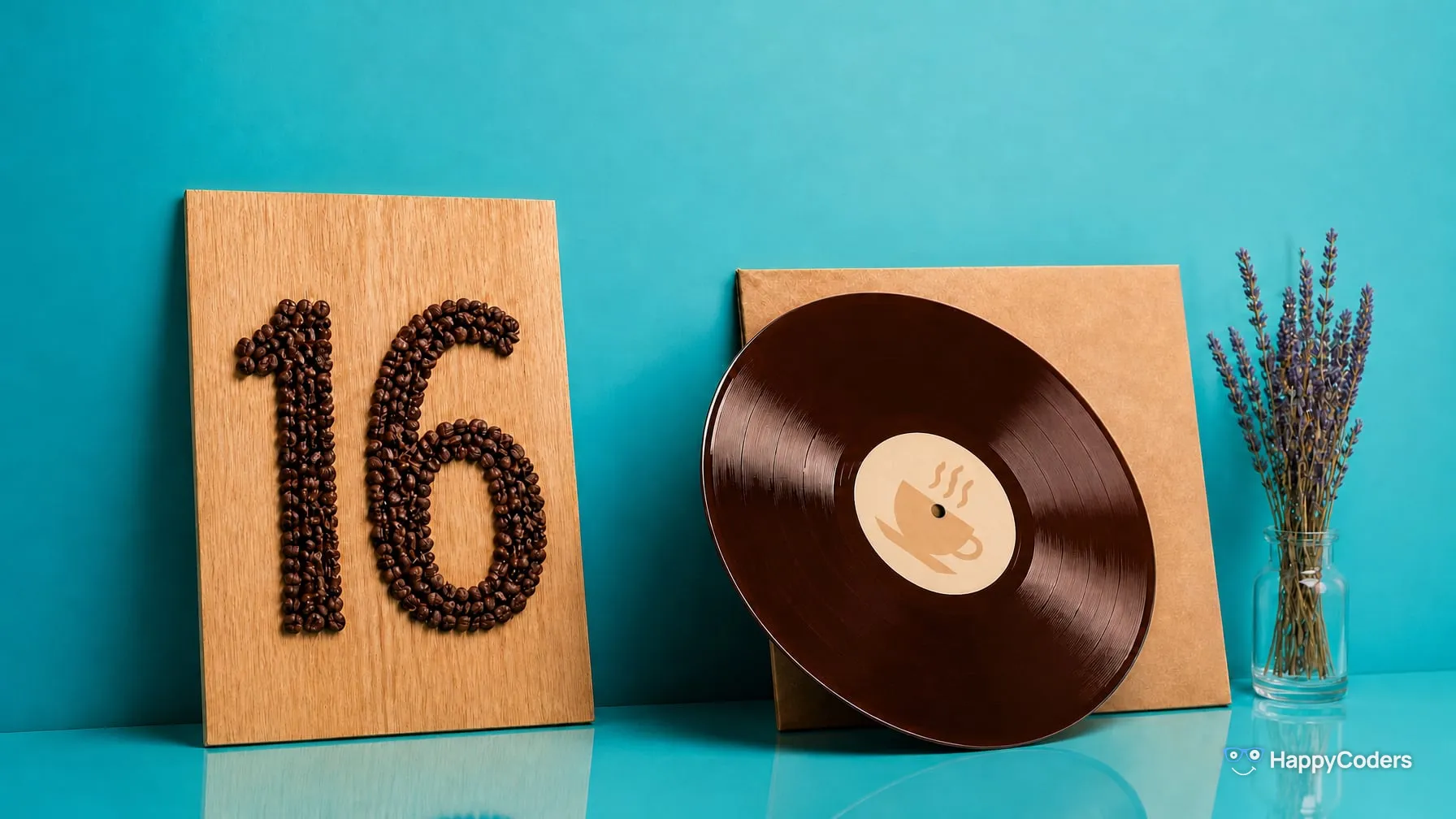 A 16 laid out of roasted coffee beans on a light oak board in front of a turquoise wall, next to it a coffee-brown vinyl record in front of its paper sleeve with a drawn steaming cup on its cream label, lavender in a glass on the right