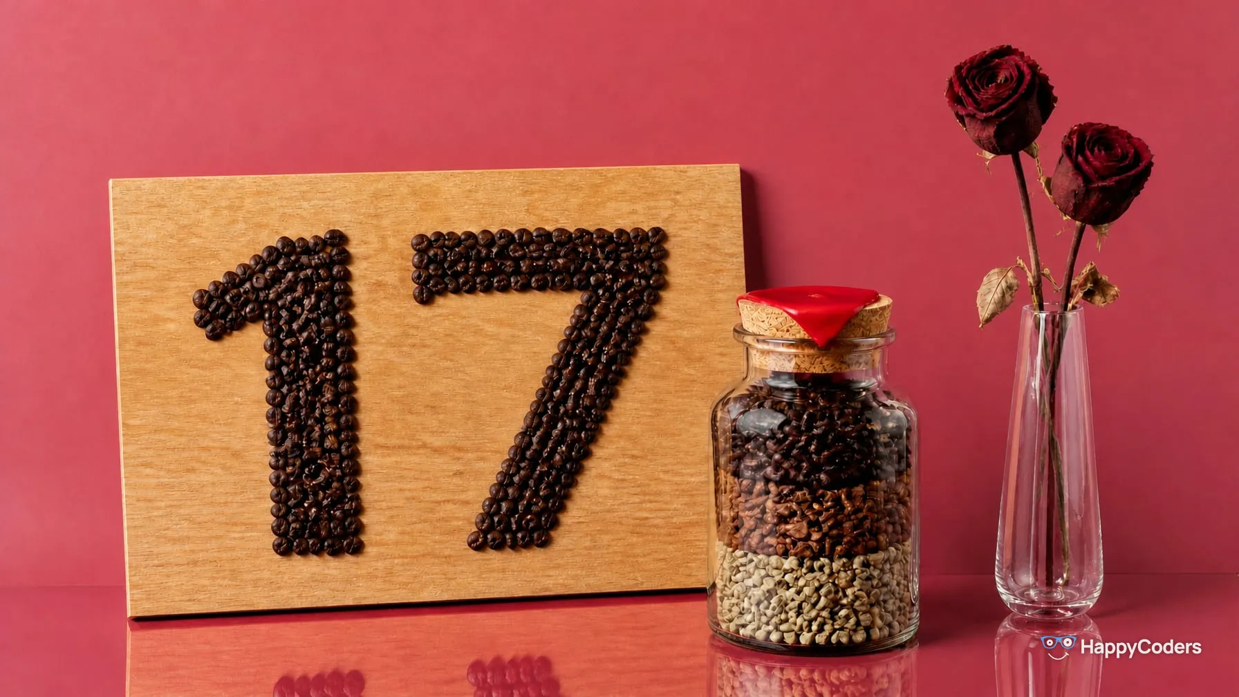A 17 laid out of roasted coffee beans on a light oak board in front of a raspberry wall, next to it a jar with a red wax seal and three layers of coffee beans – raw, medium and dark roasted – and two dried roses in a glass vase