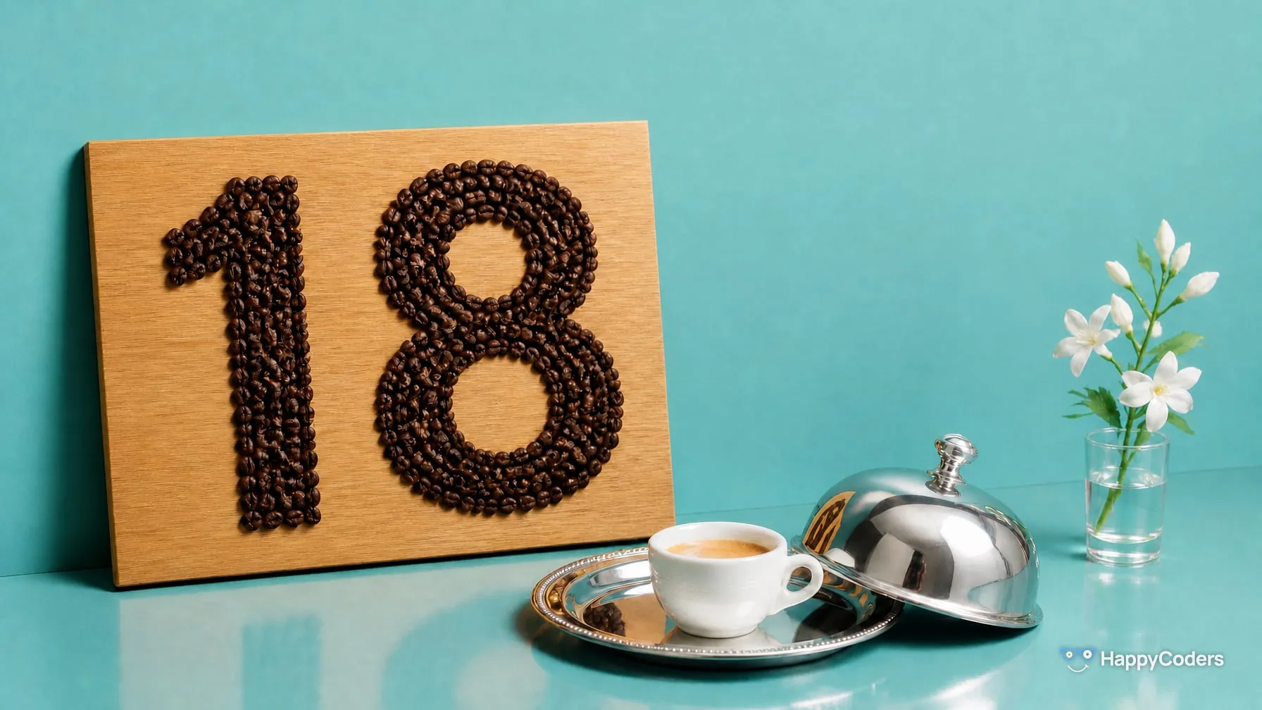 A 18 laid out of roasted coffee beans on a light oak board in front of a turquoise wall, in front of it an espresso cup on a silver platter with its cloche lifted off, jasmine sprigs in a glass of water on the right