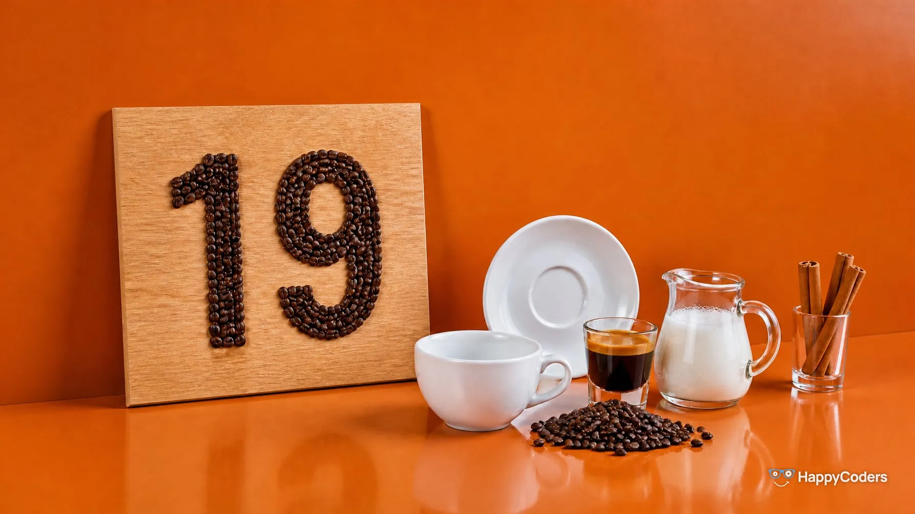 A 19 laid out of roasted coffee beans on a light oak board in front of an orange wall, in front of it the parts of a cappuccino set out separately – an empty cup, its saucer, a glass of espresso, a jug of milk and a small heap of coffee beans –, cinnamon sticks in a glass on the right
