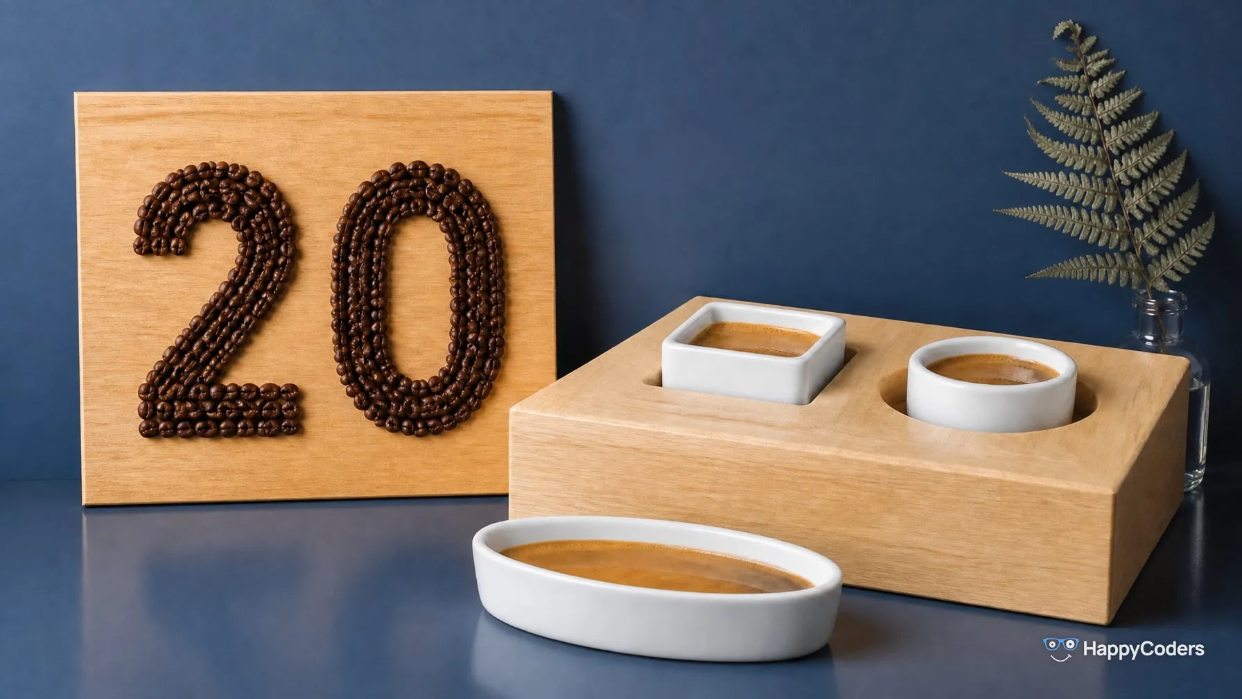 A 20 laid out of roasted coffee beans on a light oak board in front of a steel-blue wall, in front of it a pale wooden box with a square and a round opening holding a square and a round espresso cup, and an oval cup that fits nowhere, a fern frond in a small glass bottle on the right