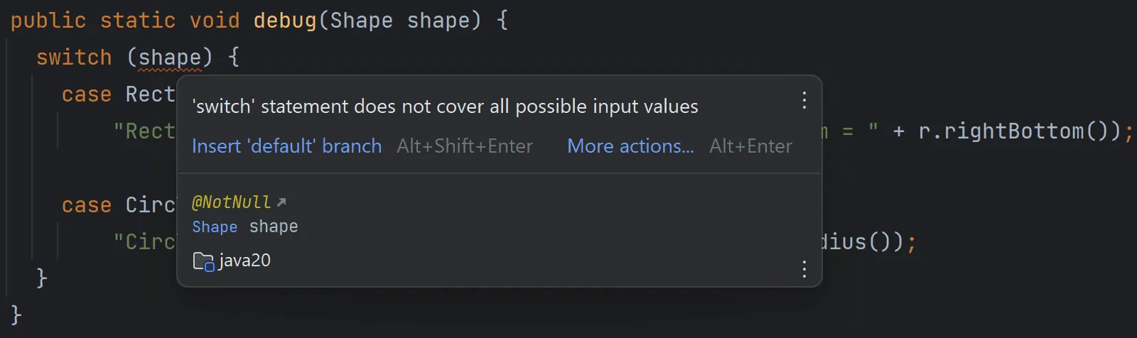 Java 20, JEP 433: IDE error message on non-exhaustive switch statement
