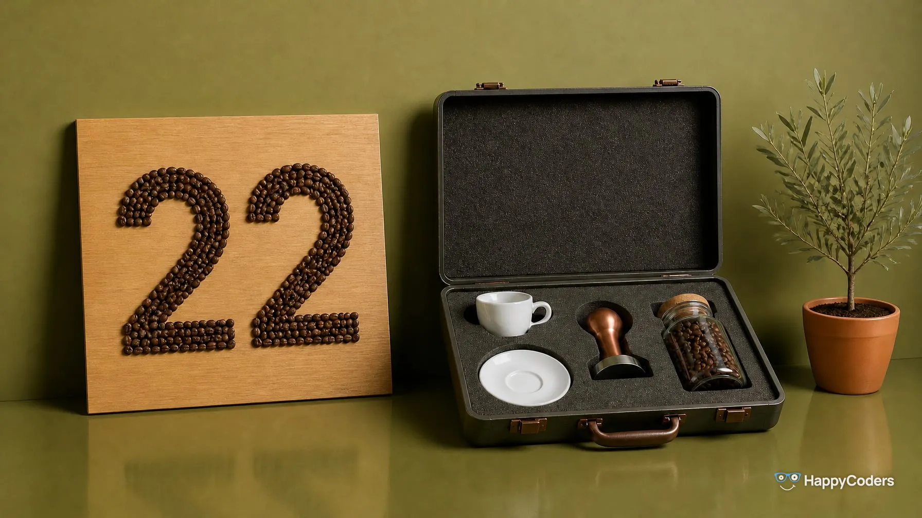 A 22 laid out of roasted coffee beans on a light oak board in front of an olive-green wall, next to it an open case whose foam insert has fitted cut-outs for a cup, a saucer, a tamper and a jar of beans, a small olive tree in a terracotta pot on the right