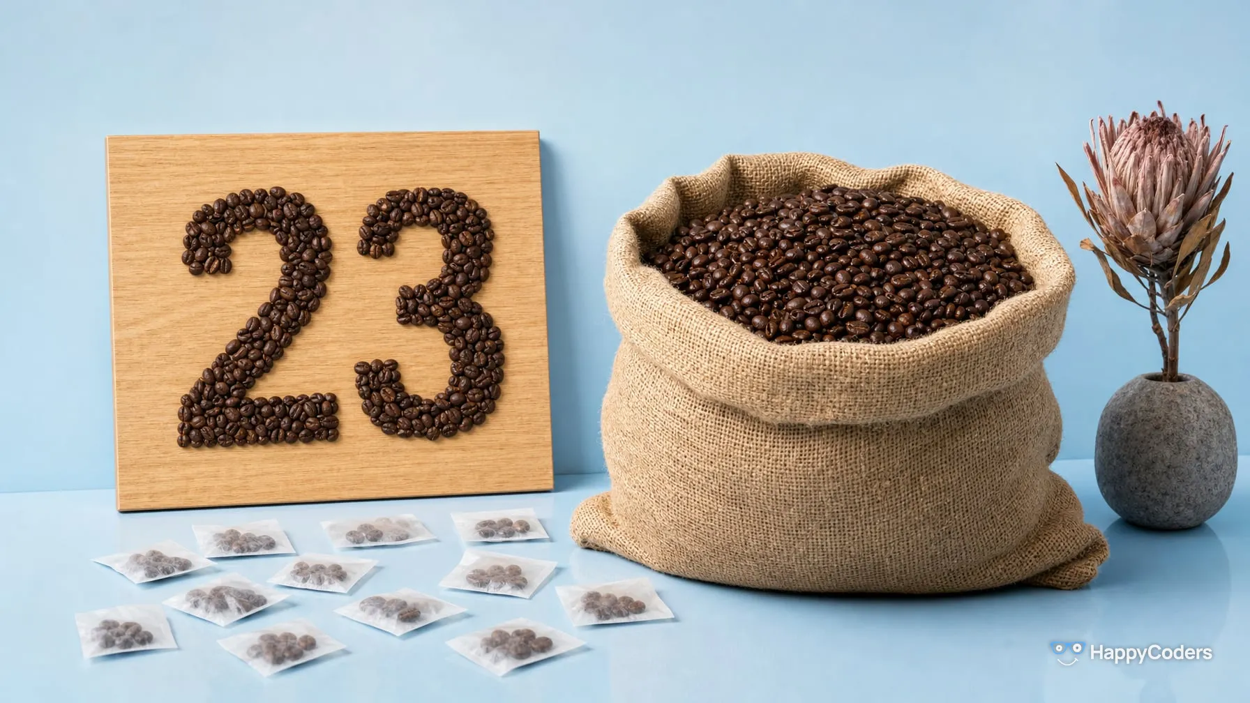 A 23 laid out of roasted coffee beans on a light oak board in front of an ice-blue wall, next to it an open burlap sack full of coffee beans, in front of them about a dozen small paper sachets holding a few beans each, a dried protea in a grey stone vase on the right