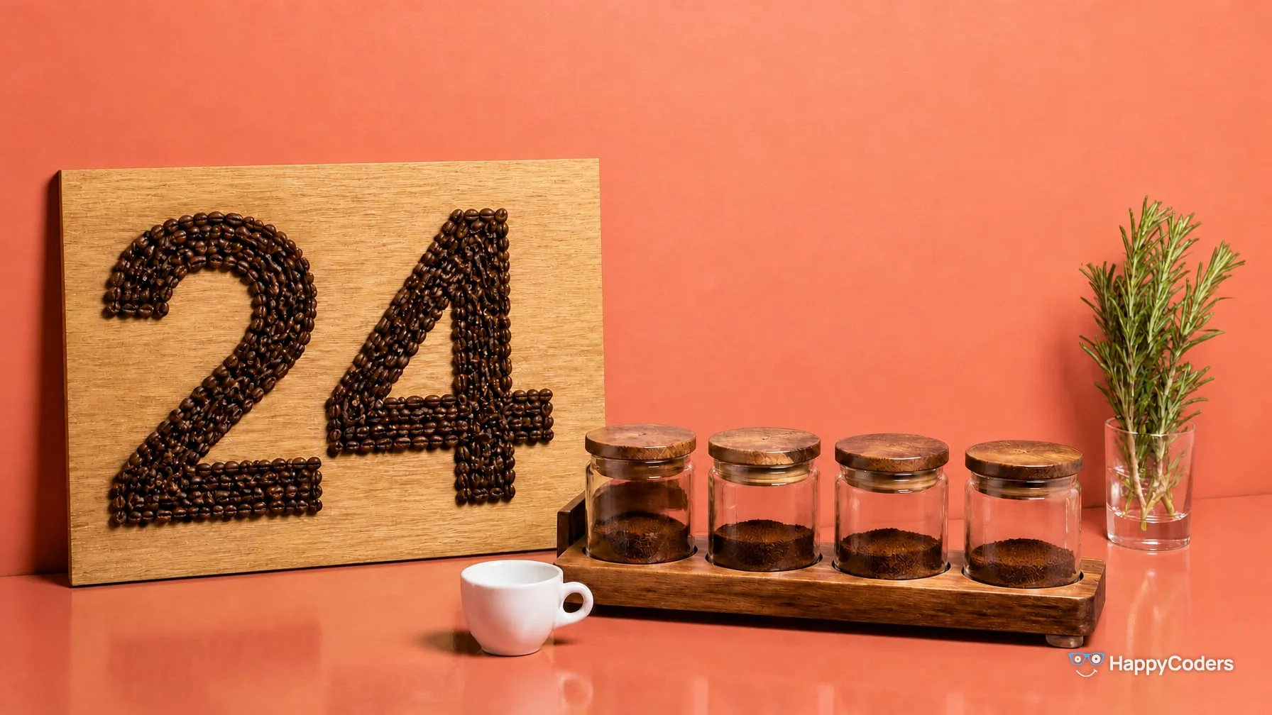 A 24 laid out of roasted coffee beans on a light oak board in front of a coral wall, in front of it a wooden rack with four jars, each holding a measured dose of ground coffee, an empty espresso cup and a sprig of rosemary in a glass of water